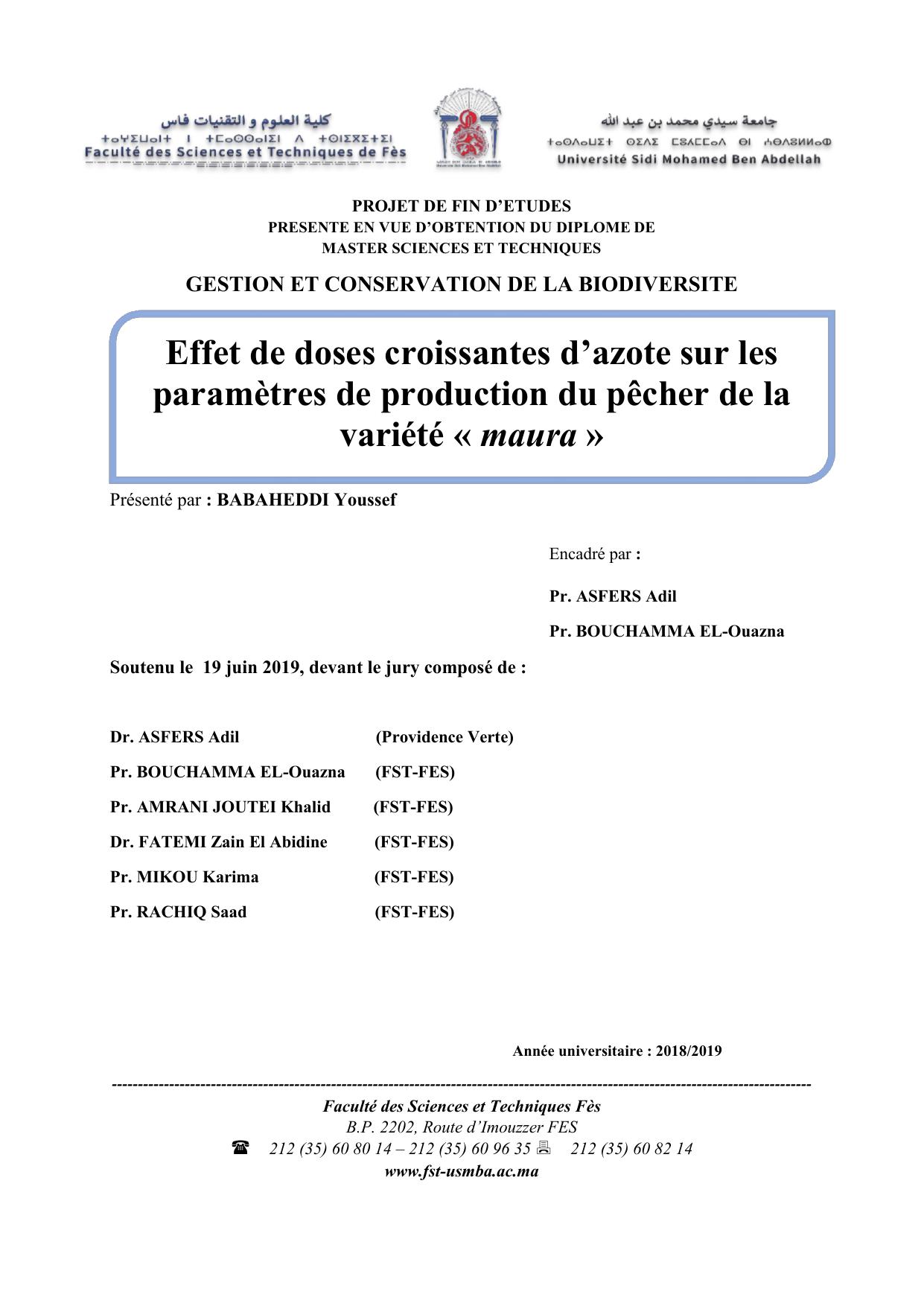 Effet de doses croissantes d’azote sur les paramètres de production du pêcher de la variété « maura »