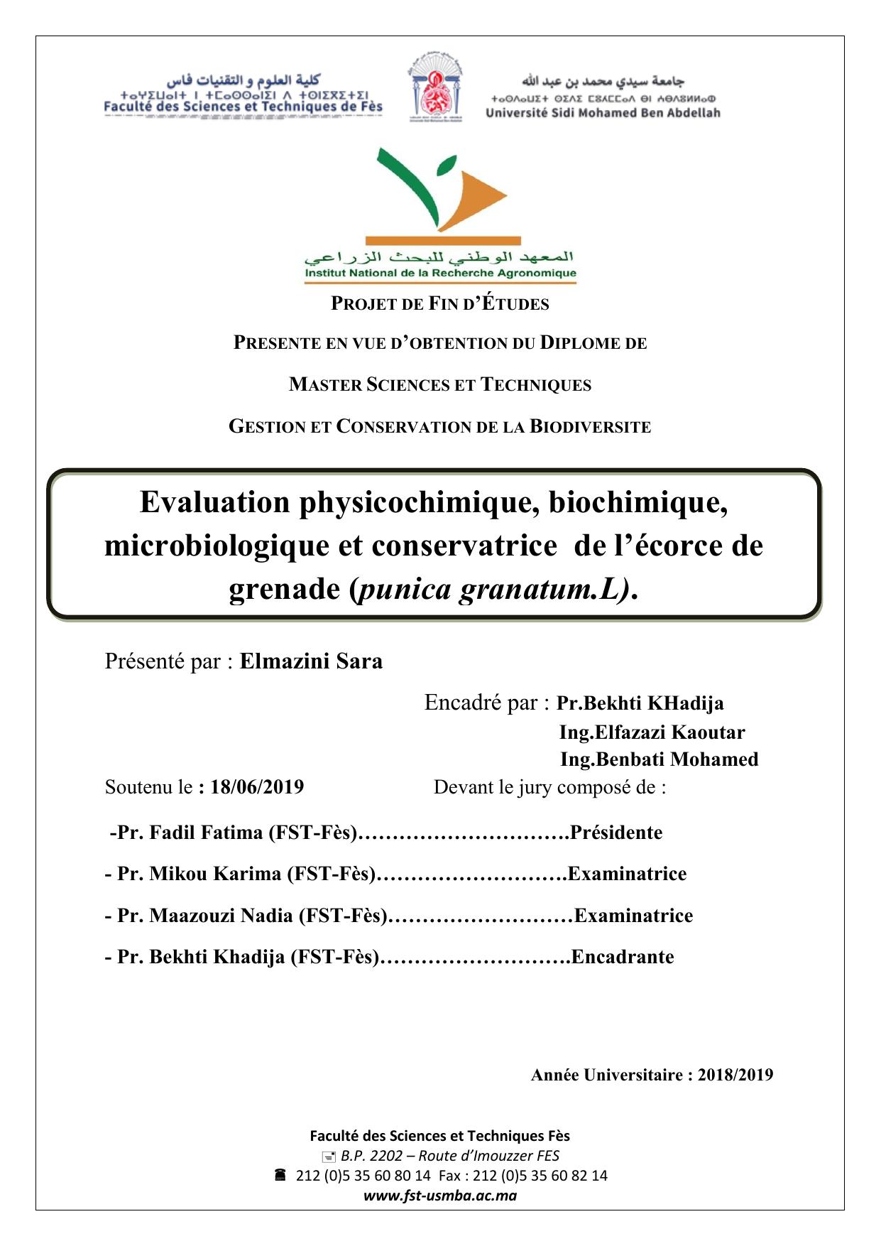 Evaluation physicochimique, biochimique, microbiologique et conservatrice de l’écorce de grenade (punica granatum.L).