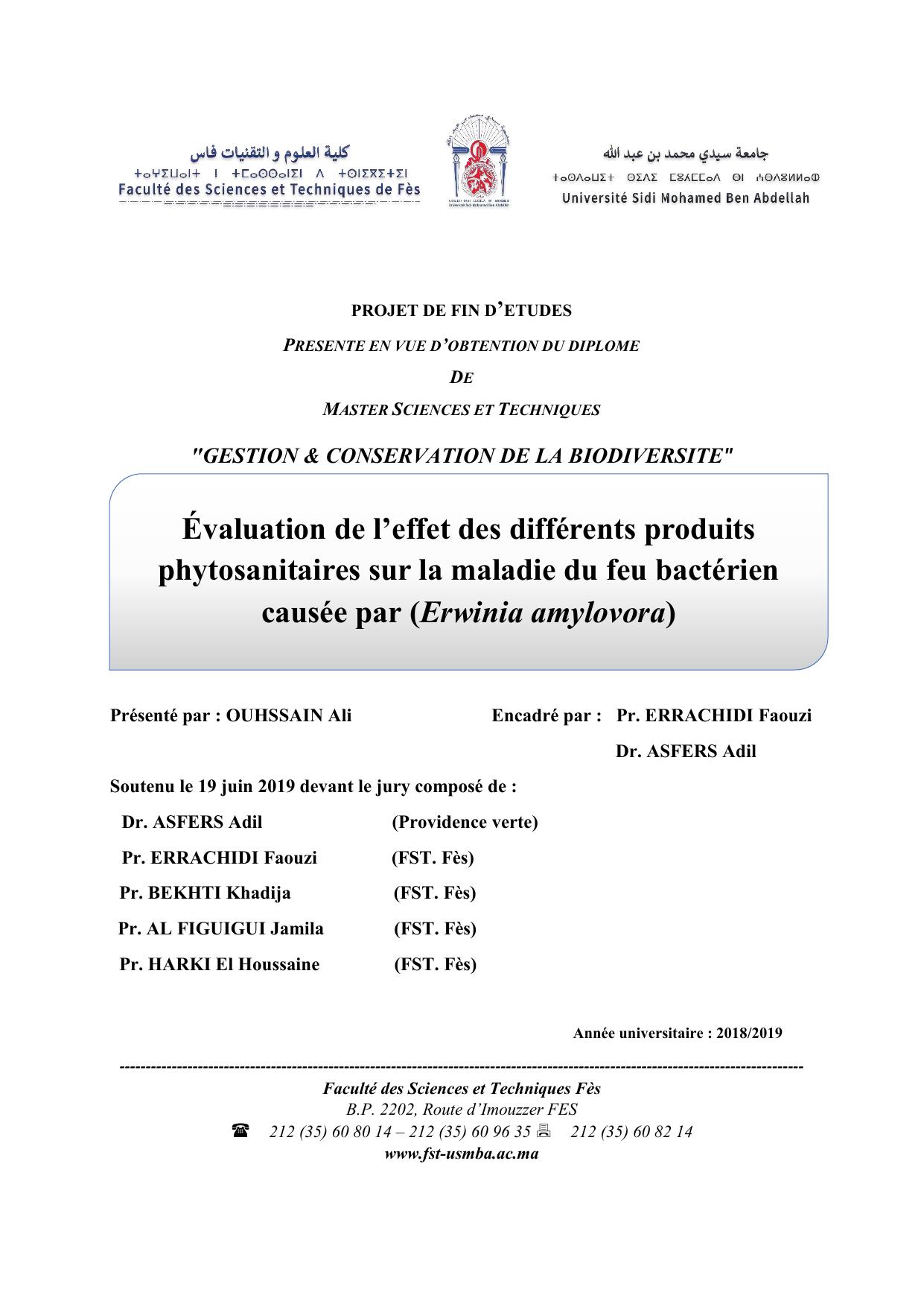 Évaluation de l’effet des différents produits phytosanitaires sur la maladie du feu bactérien causée par (Erwinia amylovora)