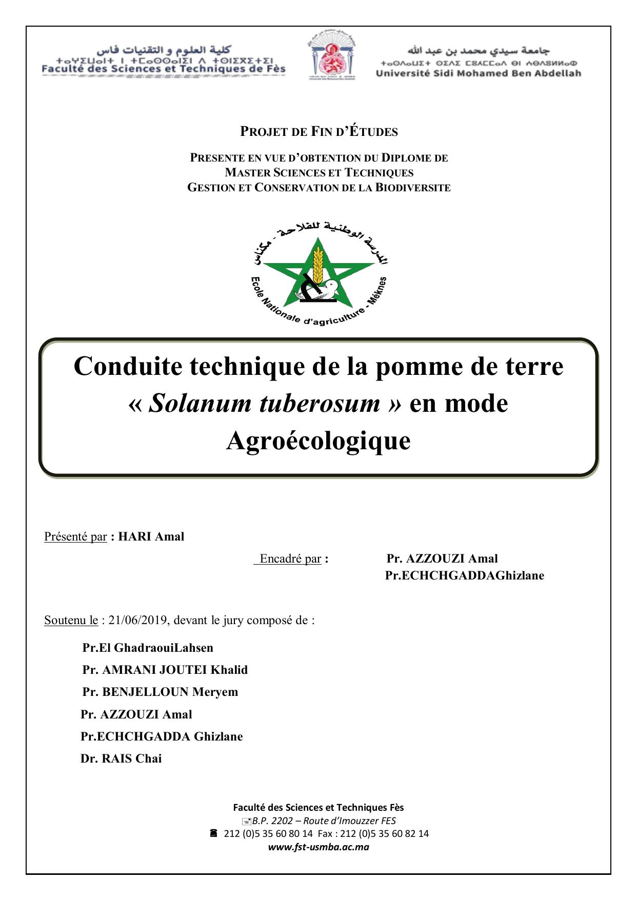 Conduite technique de la pomme de terre « Solanum tuberosum » en mode Agroécologique