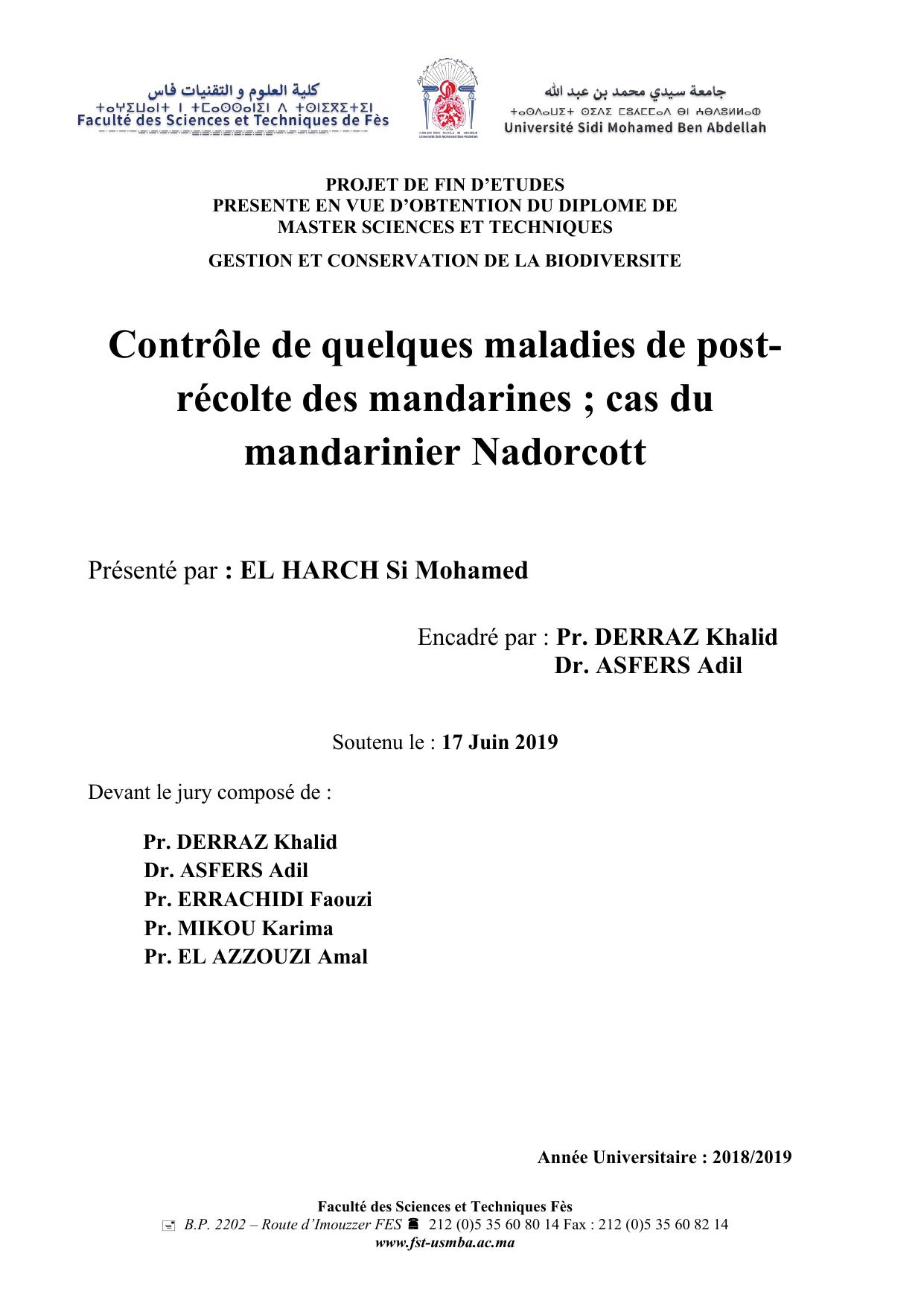 Contrôle de quelques maladies de post-récolte des mandarines ; cas du mandarinier Nadorcott