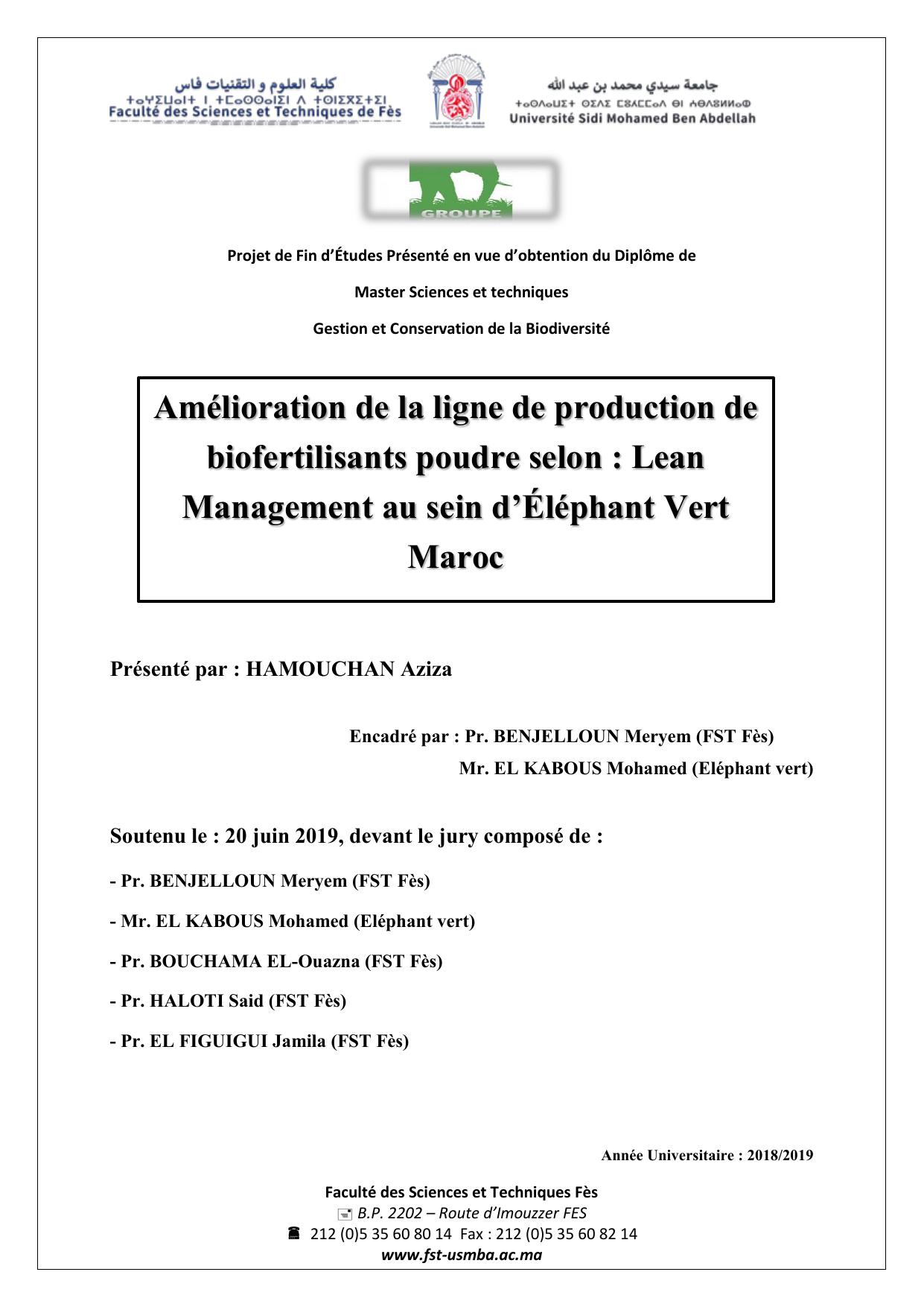 Amélioration de la ligne de production de biofertilisants poudre selon : Lean Management au sein d’Éléphant Vert Maroc
