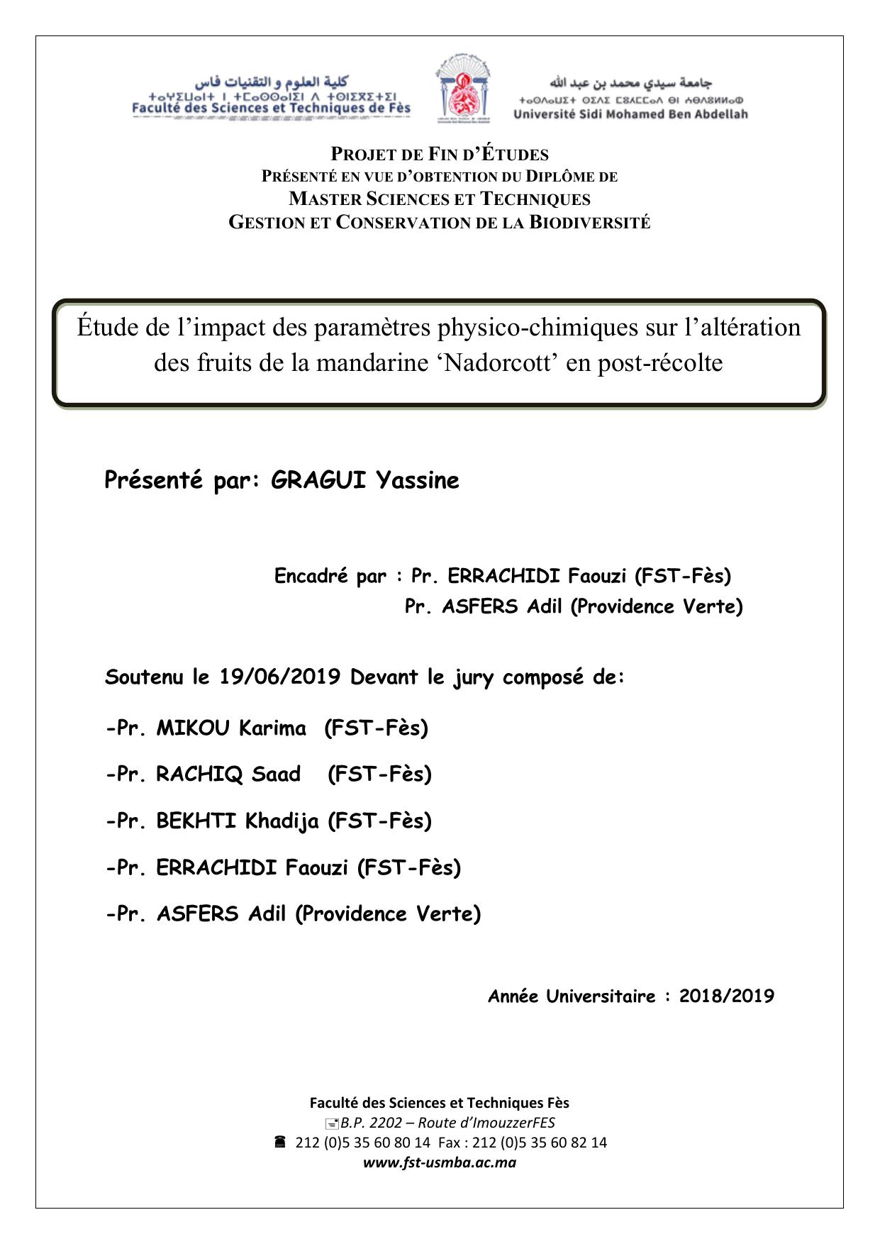 Étude de l’impact des paramètres physico-chimiques sur l’altération des fruits de la mandarine ‘Nadorcott’ en post-récolte