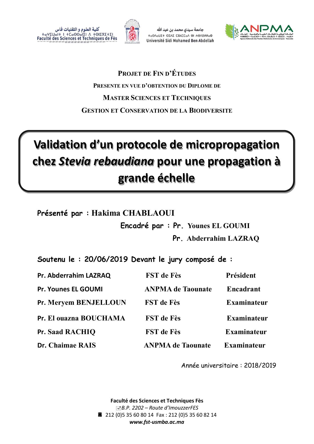 Validation d’un protocole de micropropagation chez Stevia rebaudiana pour une propagation à grande échelle