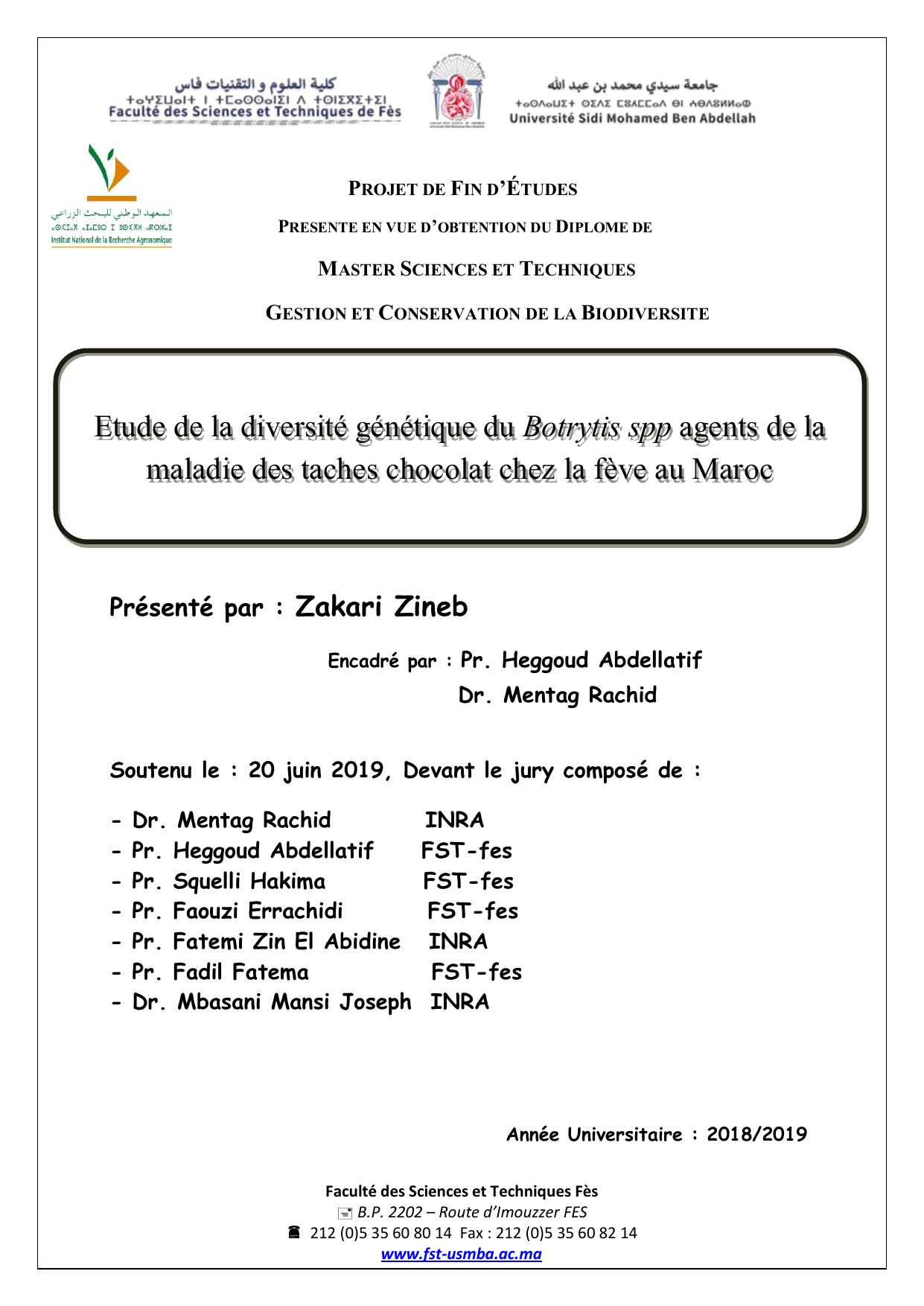 Etude de la diversité génétique du Botrytis spp agents de la maladie des taches chocolat chez la fève au Maroc