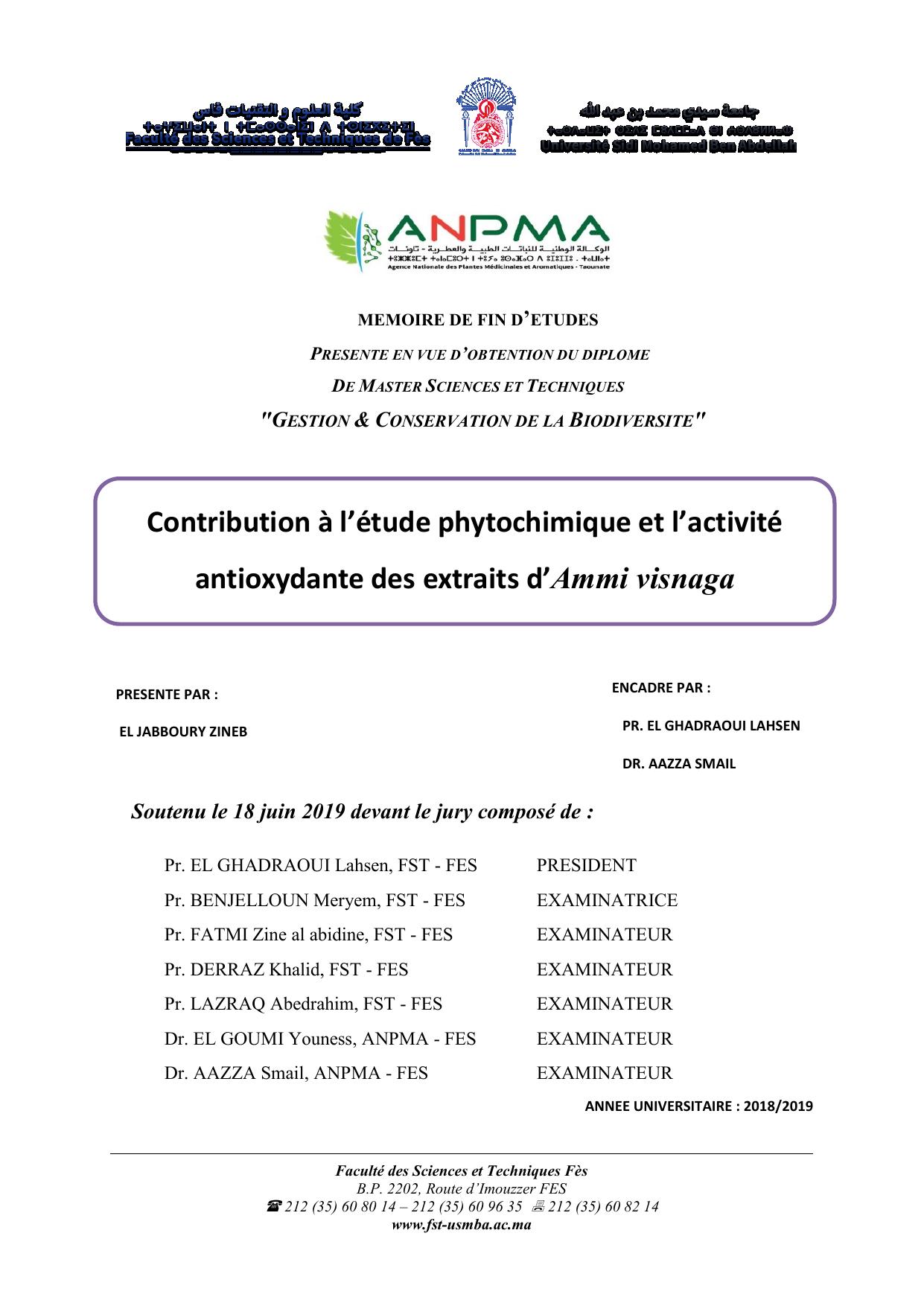 Contribution à l’étude phytochimique et l’activité antioxydante des extraits d’Ammi visnaga