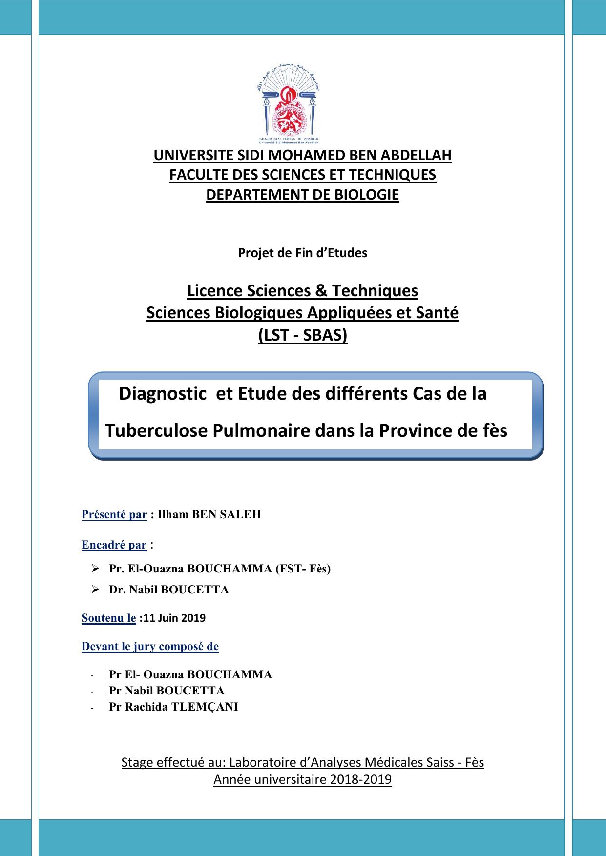 Diagnostic et Etude des différents Cas de la Tuberculose Pulmonaire dans la Province de fès