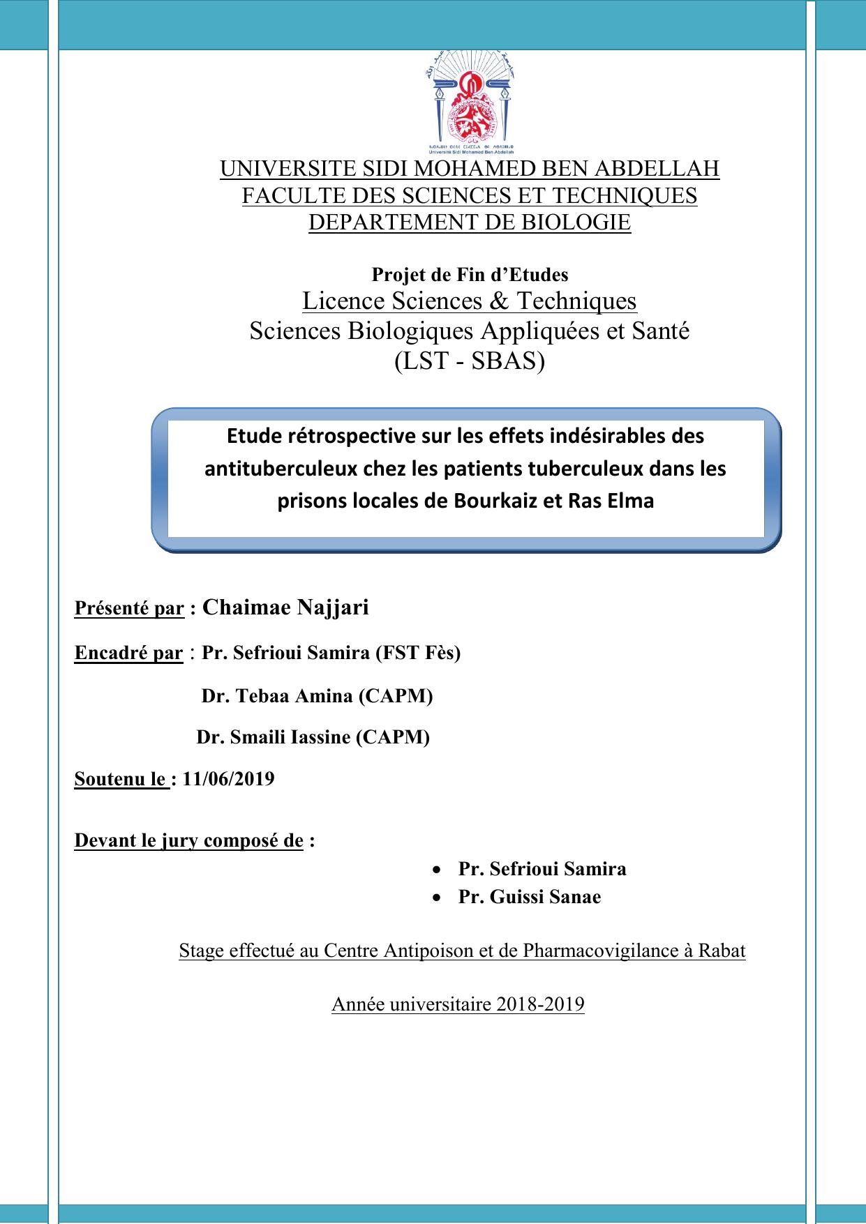 Etude rétrospective sur les effets indésirables des antituberculeux chez les patients tuberculeux dans les prisons locales de Bourkaiz et Ras Elma