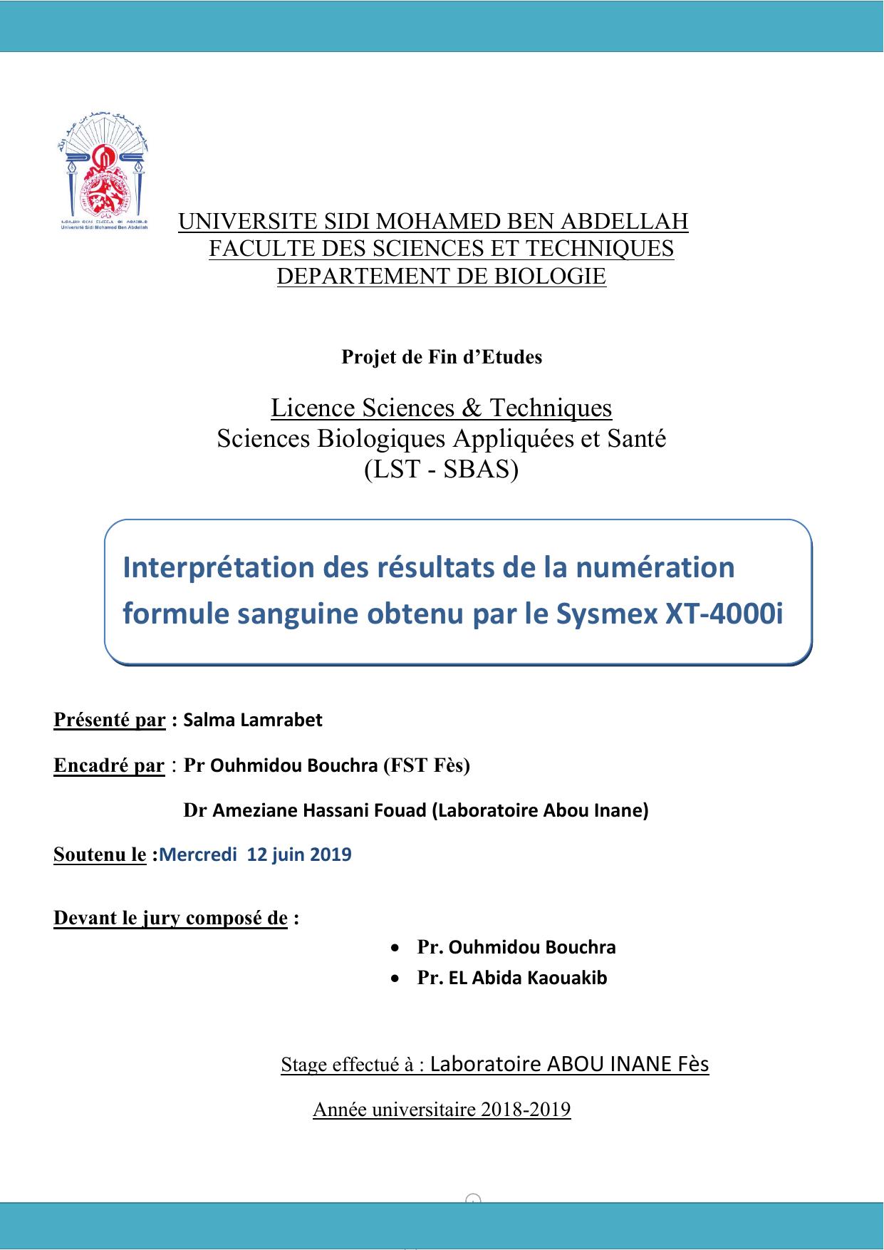 Interprétation des résultats de la numération formule sanguine obtenu par le Sysmex XT-4000i