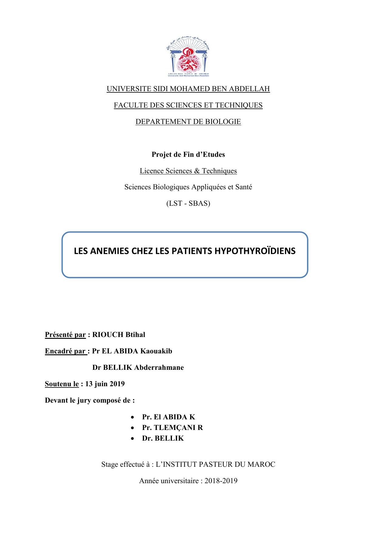 LES ANEMIES CHEZ LES PATIENTS HYPOTHYROÏDIENS