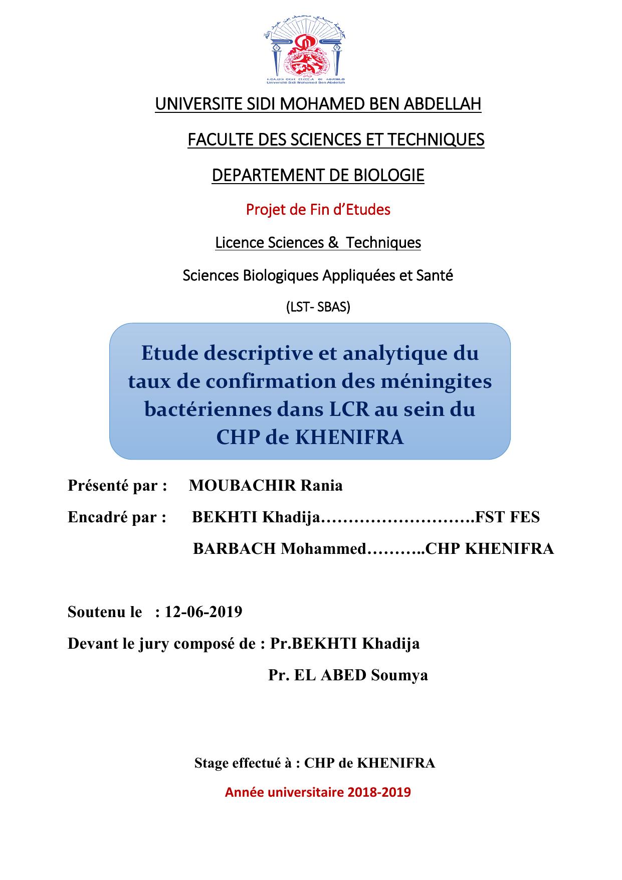 Etude descriptive et analytique du taux de confirmation des méningites bactériennes dans LCR au sein du CHP de KHENIFRA