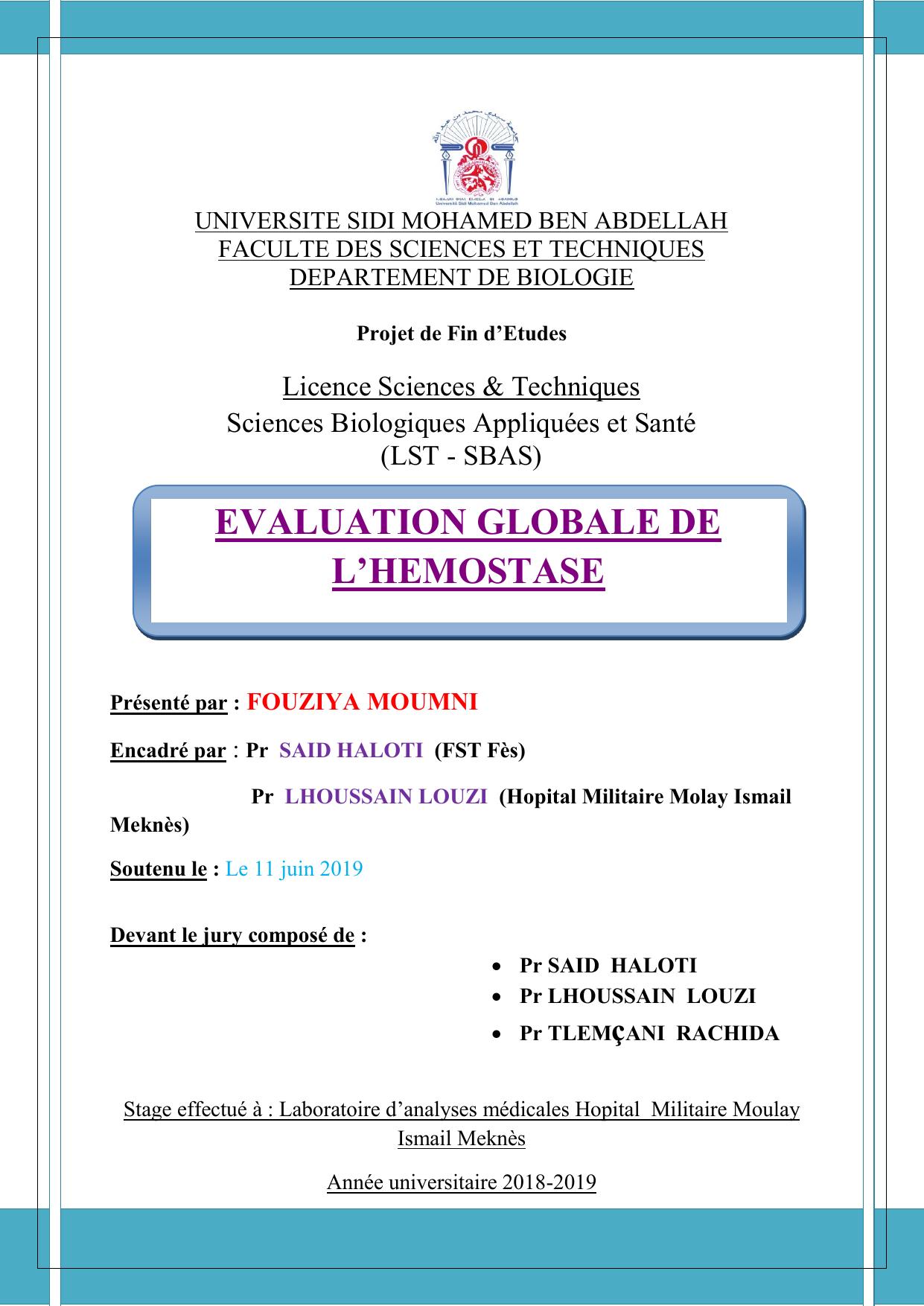 EVALUATION GLOBALE DE L’HEMOSTASE