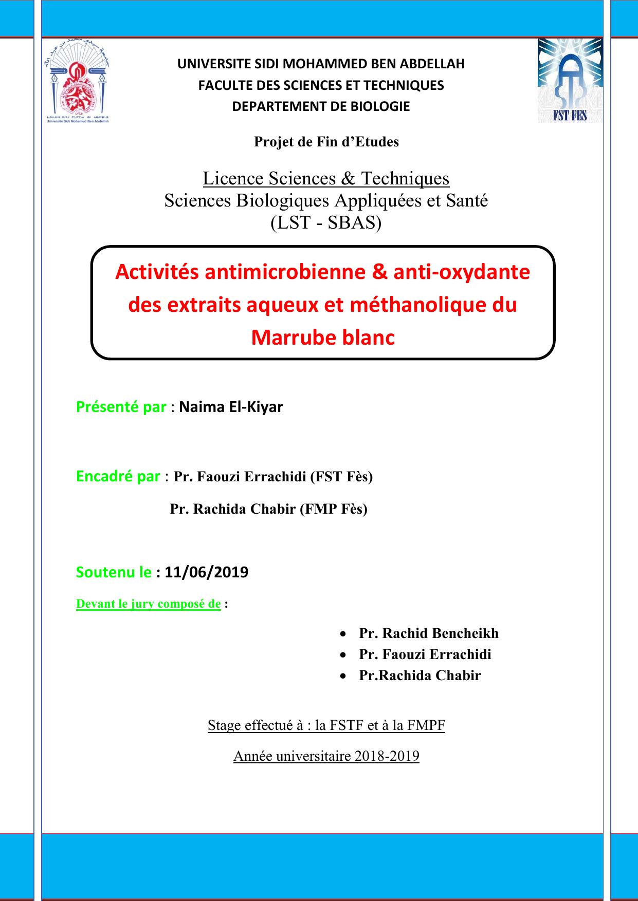 Activités antimicrobienne & anti-oxydante des extraits aqueux et méthanolique du Marrube blanc