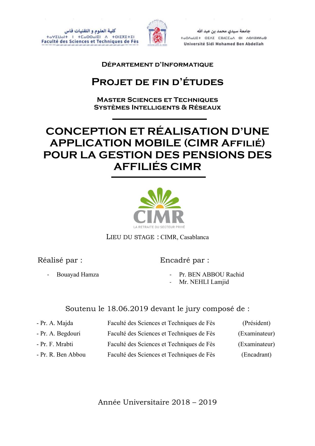 CONCEPTION ET RÉALISATION D’UNE APPLICATION MOBILE (CIMR Affilié) POUR LA GESTION DES PENSIONS DES AFFILIÉS CIMR