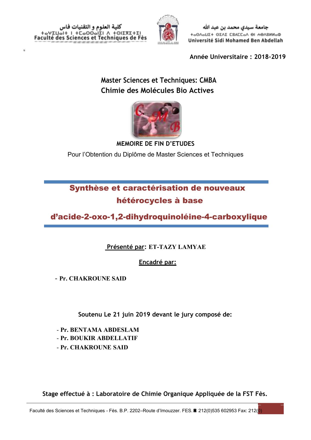 Synthèse et caractérisation de nouveaux hétérocycles à base d’acide-2-oxo-1,2-dihydroquinoléine-4-carboxylique