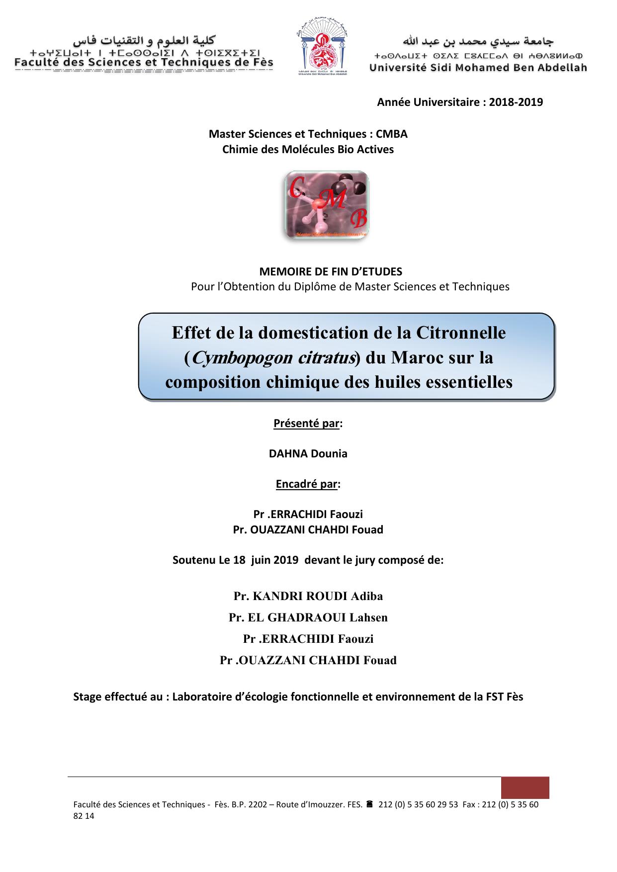 Effet de la domestication de la Citronnelle (Cymbopogon citratus) du Maroc sur la composition chimique des huiles essentielles