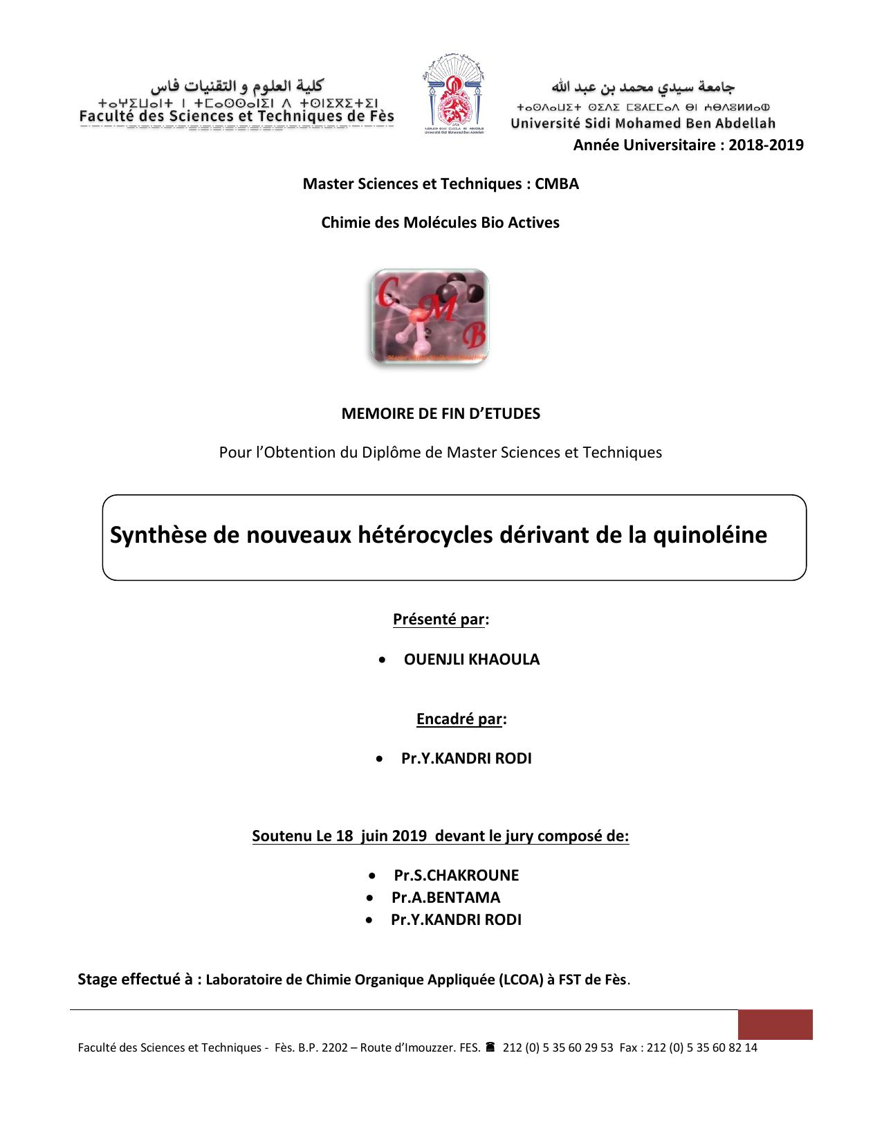 Synthèse de nouveaux hétérocycles dérivant de la quinoléine