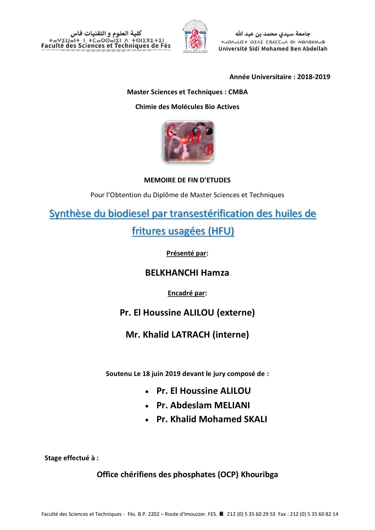 Synthèse du biodiesel par transestérification des huiles de fritures usagées (HFU)