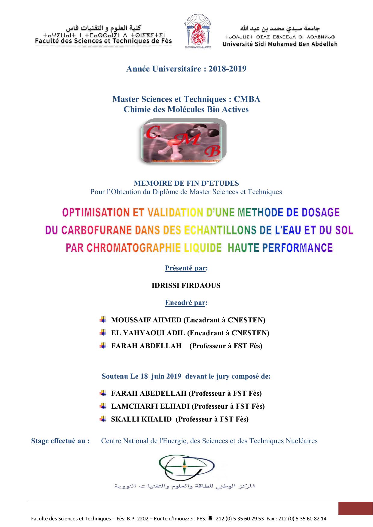 Optimisation et validation d'une méthode de dosage du carbofurane dans des échantillons de l'Eau et du sol par chromatographie liquide haute performance