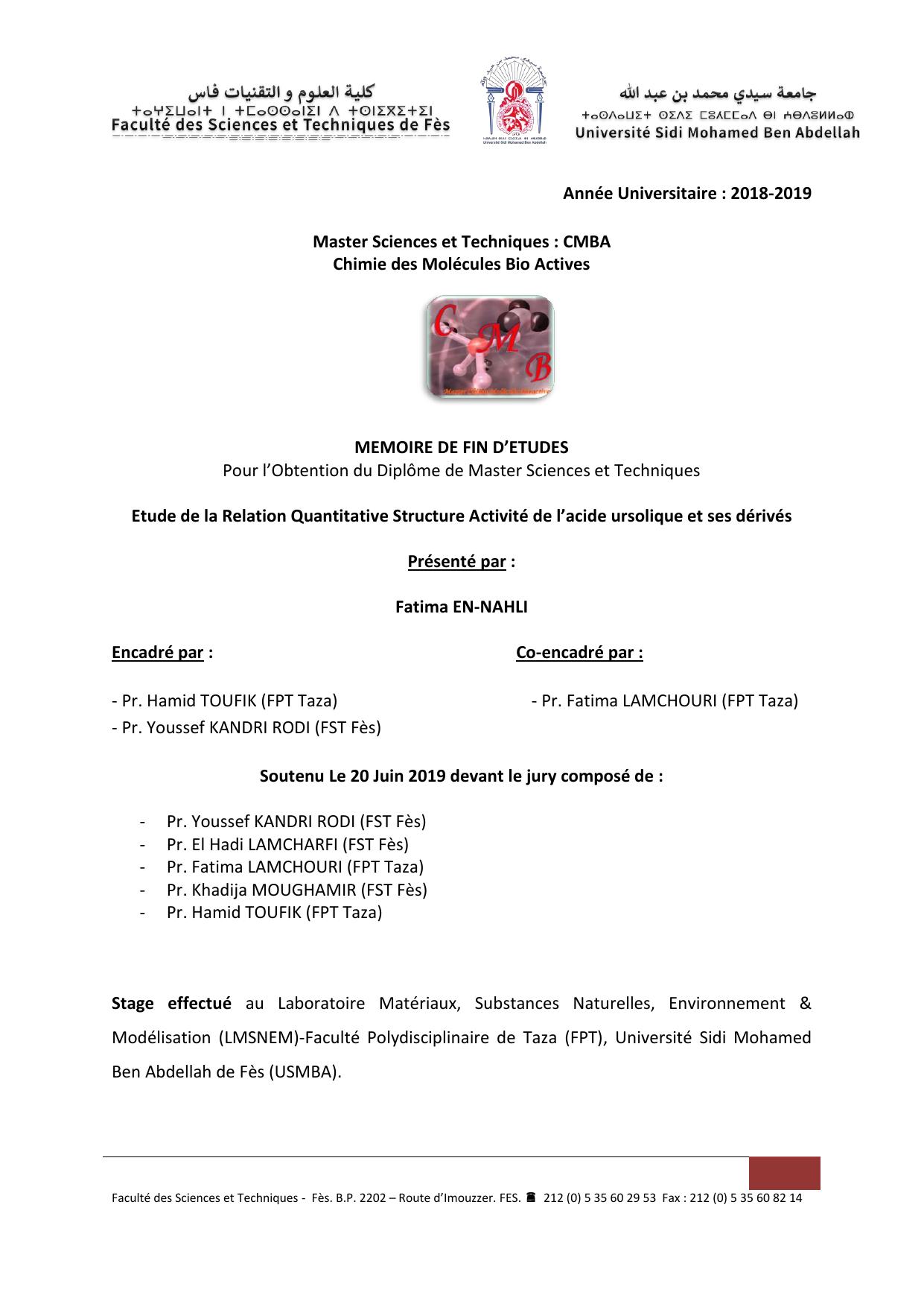 Etude de la Relation Quantitative Structure Activité de l’acide ursolique et ses dérivés