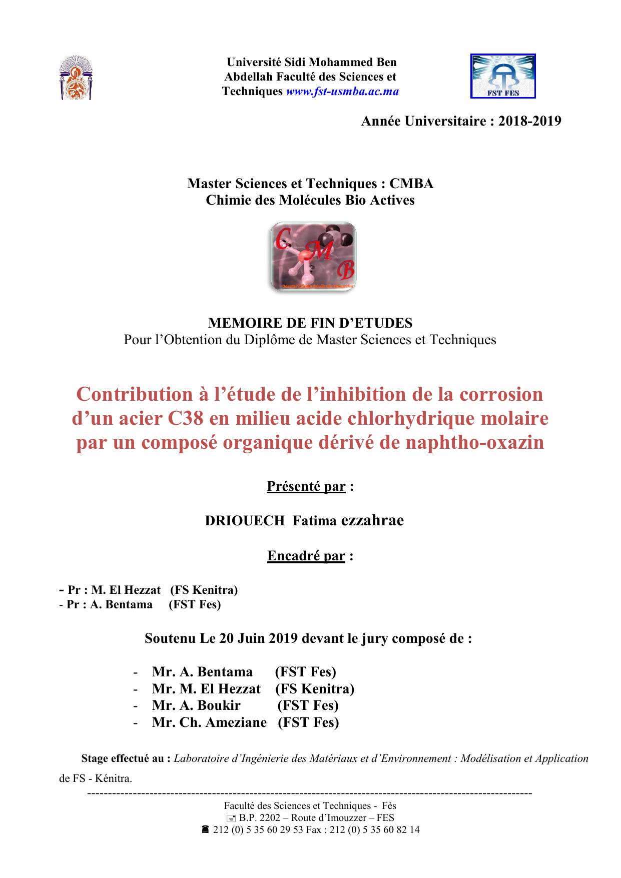 Contribution à l’étude de l’inhibition de la corrosion d’un acier C38 en milieu acide chlorhydrique molaire par un composé organique dérivé de naphtho-oxazin