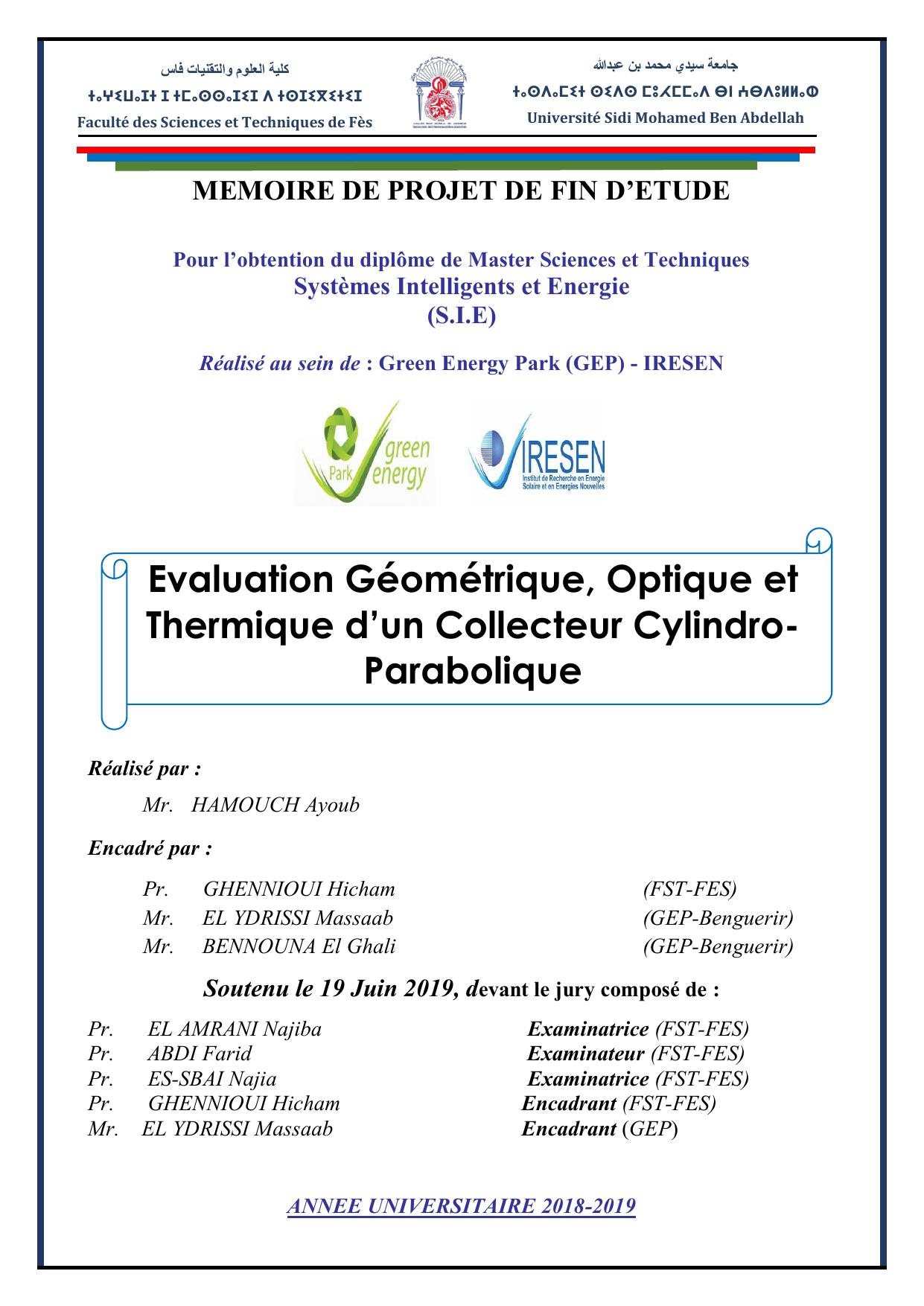 Evaluation Géométrique , Optique et thermique d'un Collecteur Cylindro-Parabolique