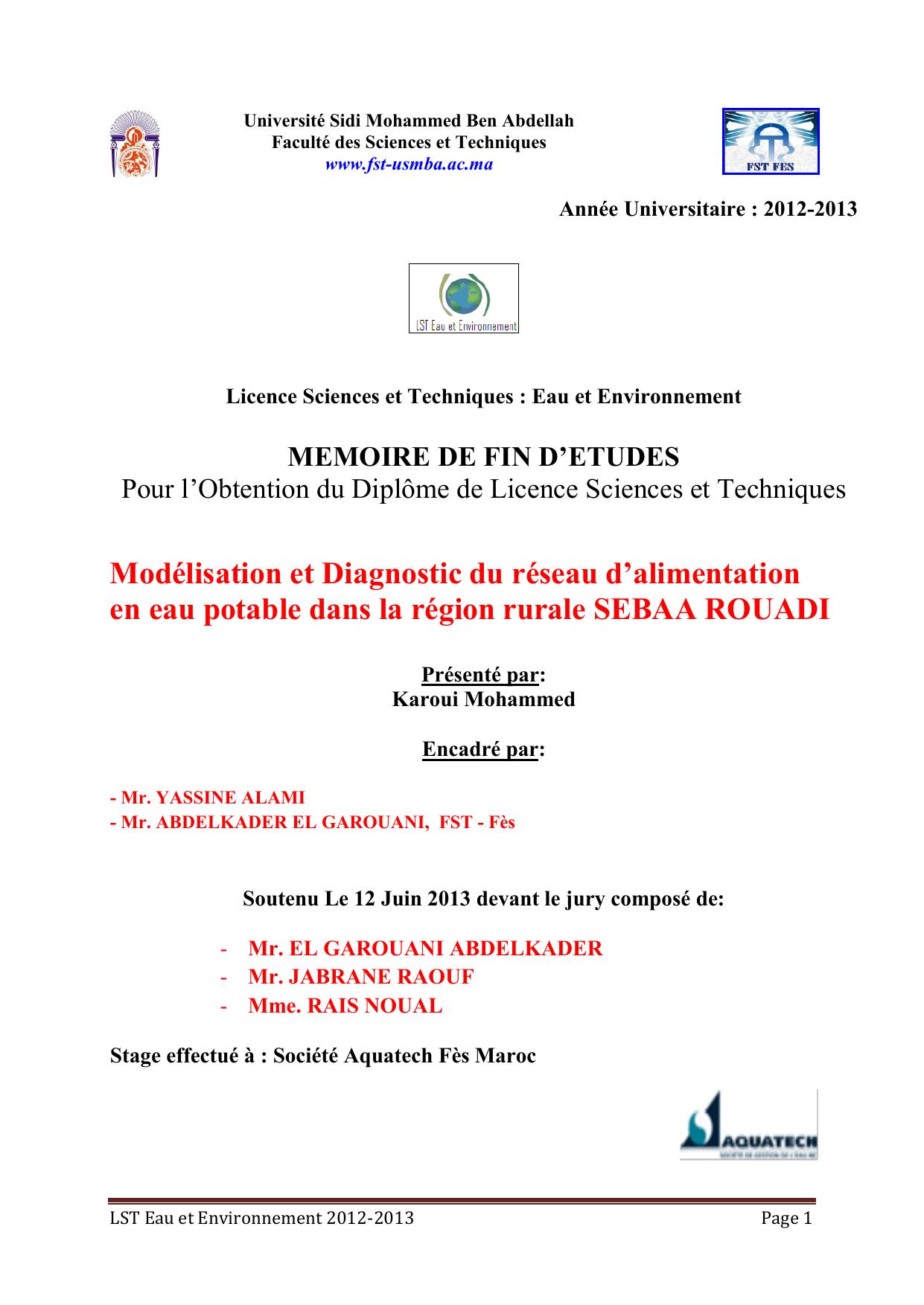 Modélisation et Diagnostic du réseau d’alimentation en eau potable dans la région rurale SEBAA ROUADI