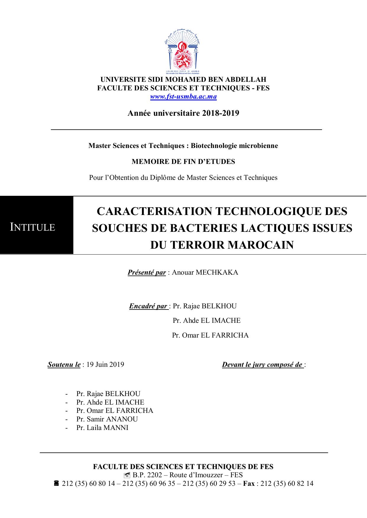 CARACTERISATION TECHNOLOGIQUE DES SOUCHES DE BACTERIES LACTIQUES ISSUES DU TERROIR MAROCAIN