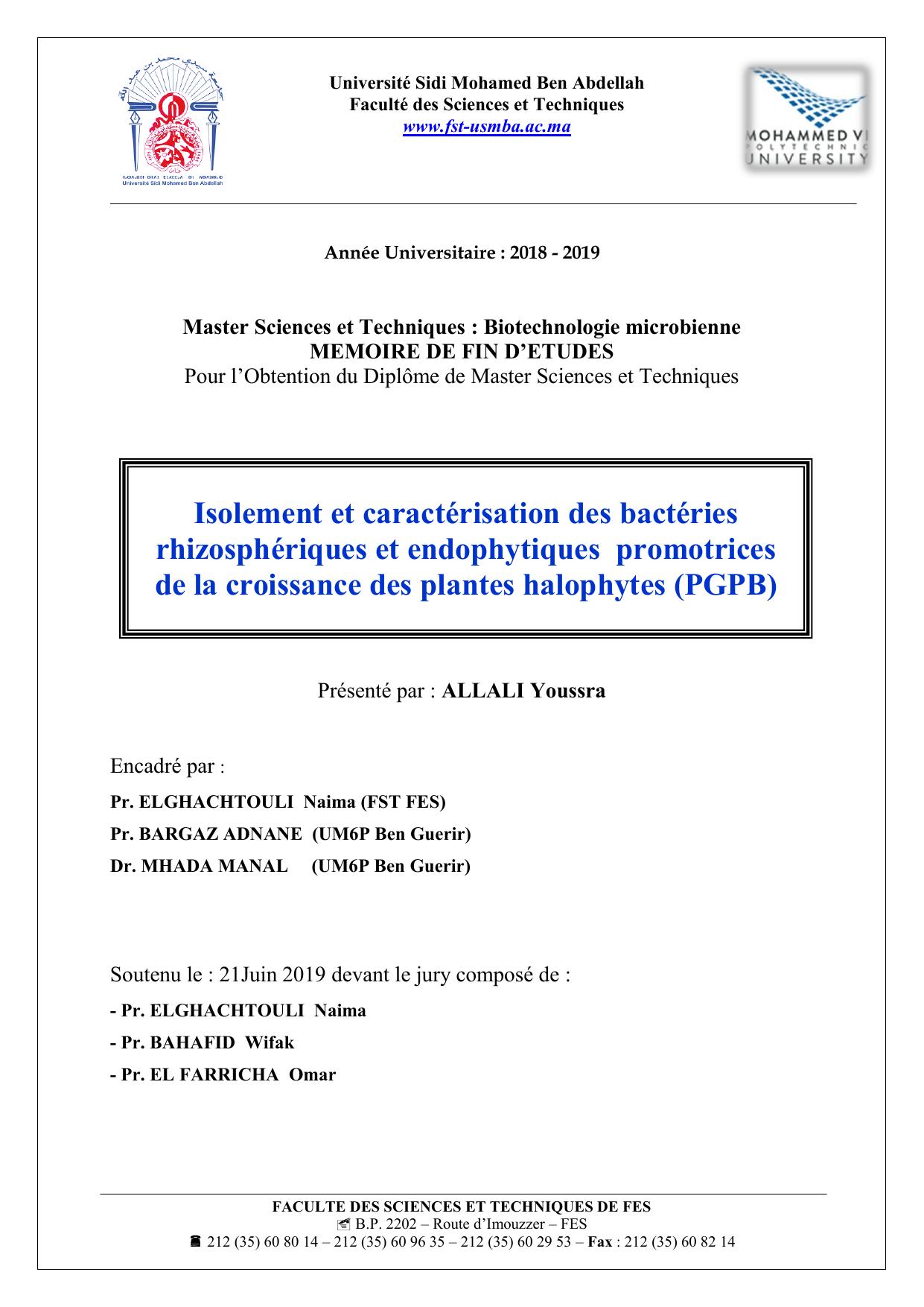 Isolement et caractérisation des bactéries rhizosphériques et endophytiques promotrices de la croissance des plantes halophytes (PGPB)