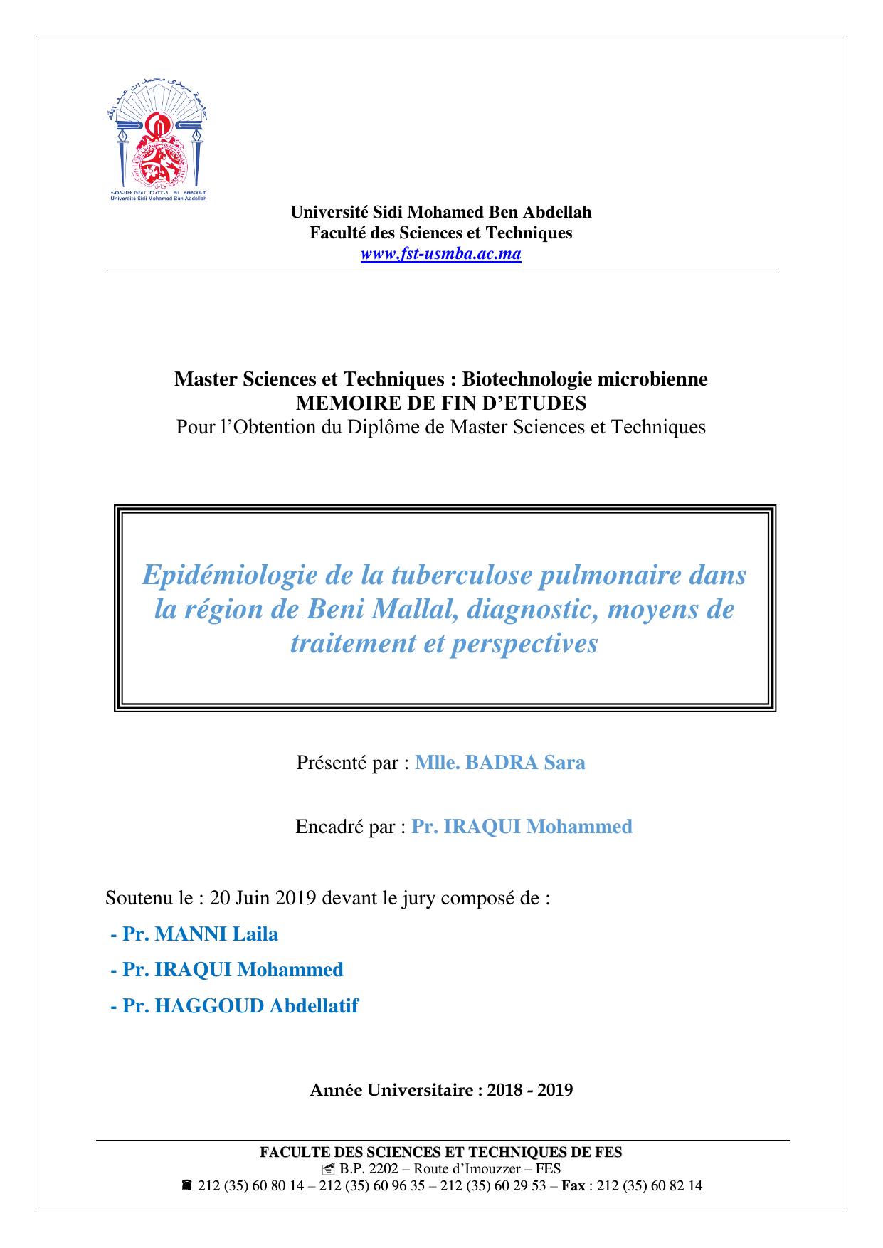 Epidémiologie de la tuberculose pulmonaire dans la région de Beni Mallal, diagnostic, moyens de traitement et perspectives