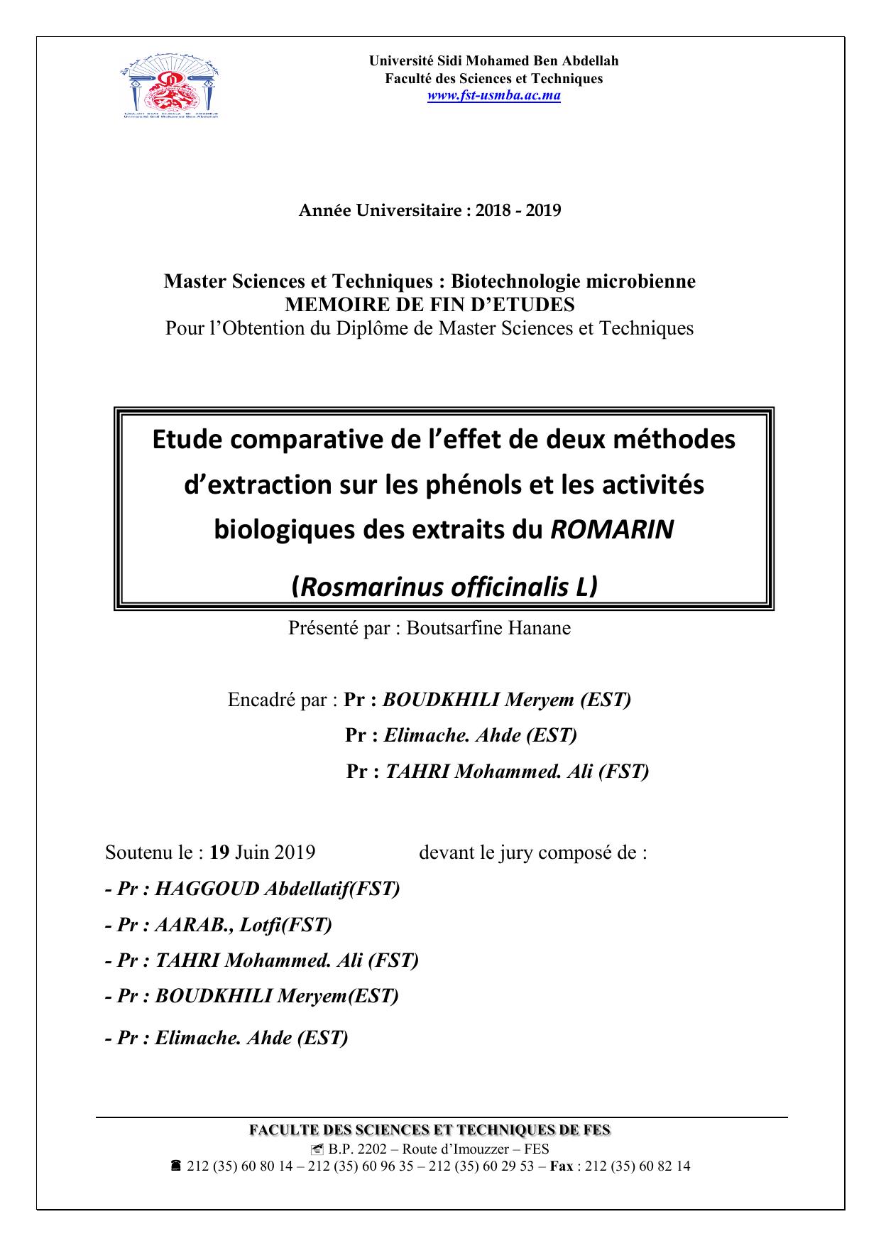 Etude comparative de l’effet de deux méthodes d’extraction sur les phénols et les activités biologiques des extraits du ROMARIN (Rosmarinus officinalis L)