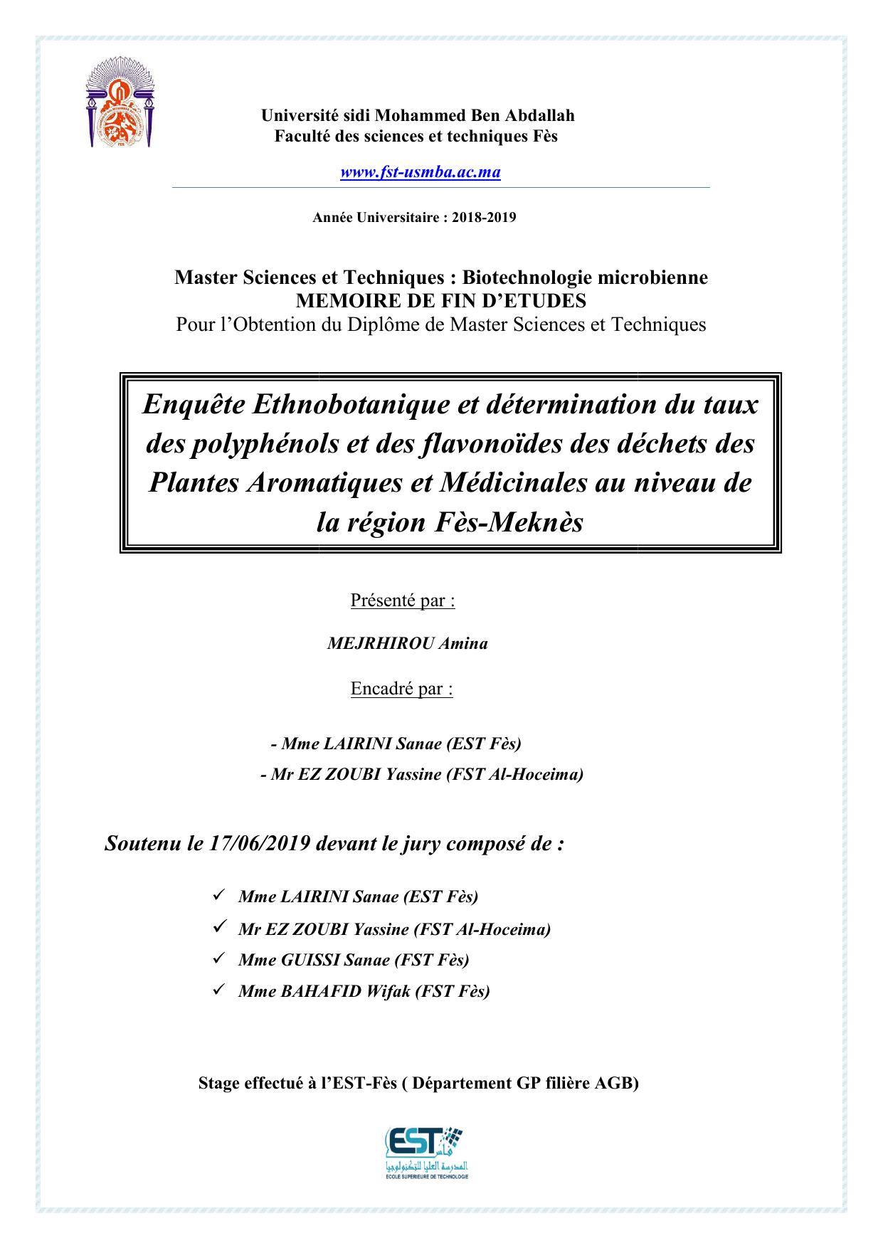 Enquête Ethnobotanique et détermination du taux des polyphénols et des flavonoïdes des déchets des Plantes Aromatiques et Médicinales au niveau de la région Fès