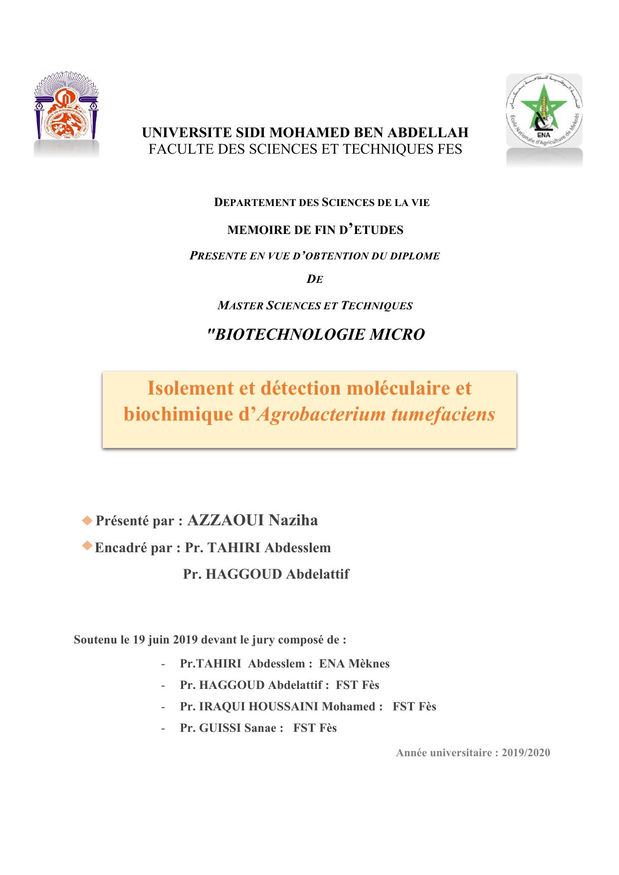 Isolement et détection moléculaire et biochimique d’Agrobacterium tumefaciens