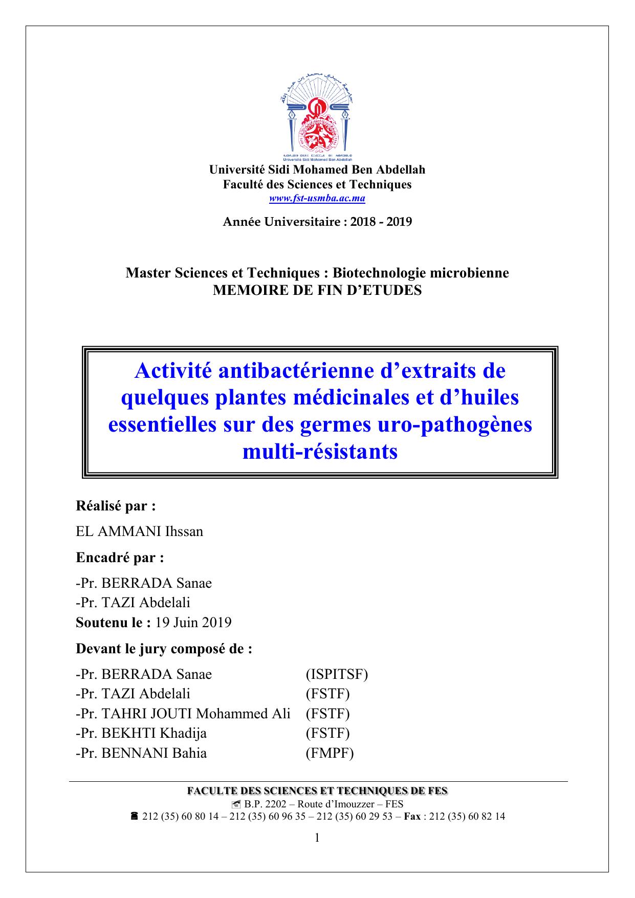 Activité antibactérienne d’extraits de quelques plantes médicinales et d’huiles essentielles sur des germes uro-pathogènes multi-résistants