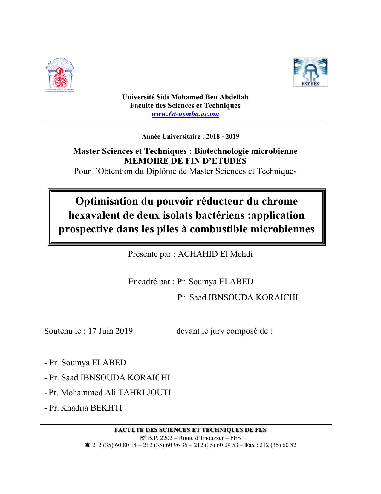 Optimisation du pouvoir réducteur du chrome hexavalent de deux isolats bactériens :application prospective dans les piles à combustible microbiennes