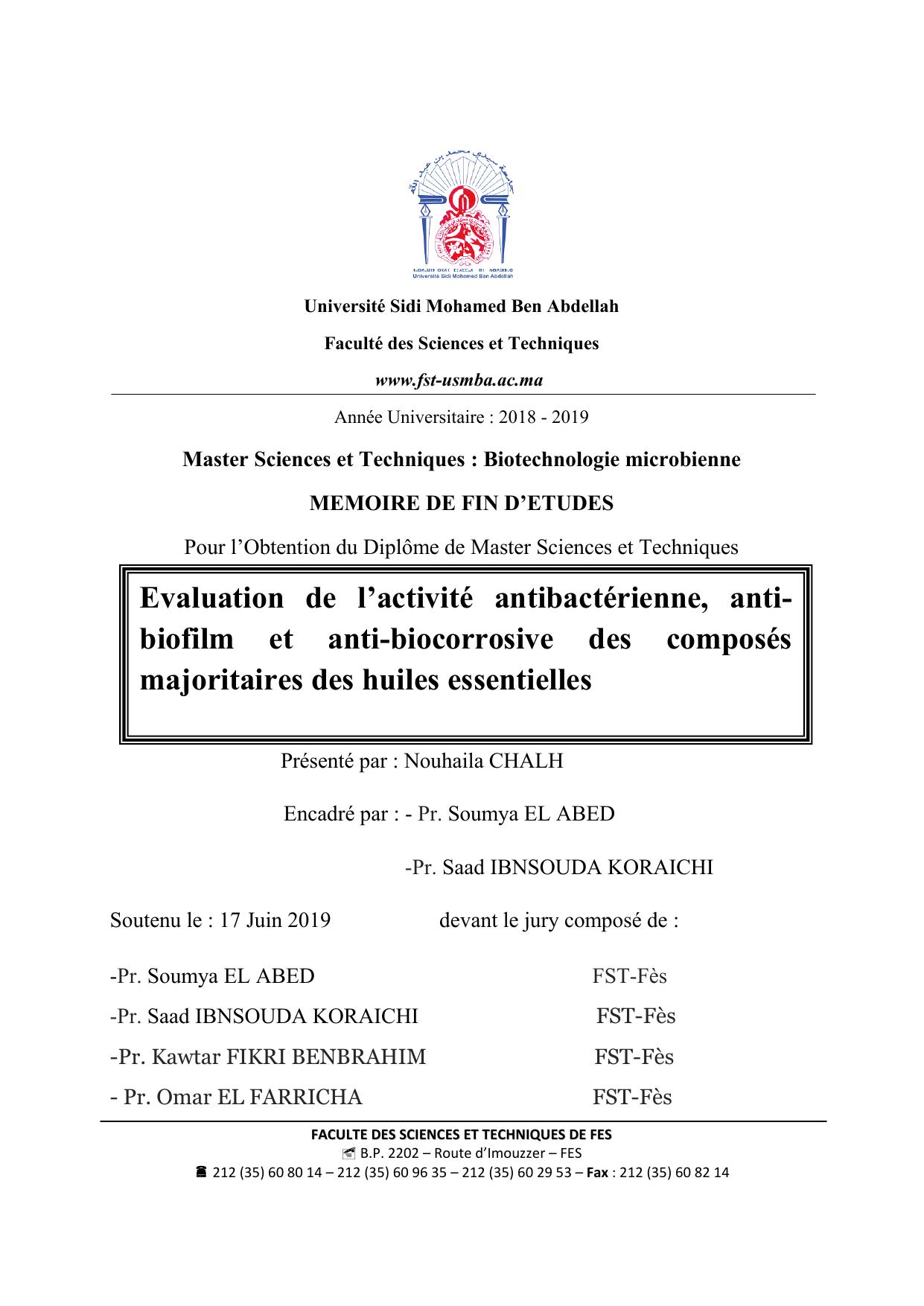 Evaluation de l’activité antibactérienne, anti-biofilm et anti-biocorrosive des composés majoritaires des huiles essentielles