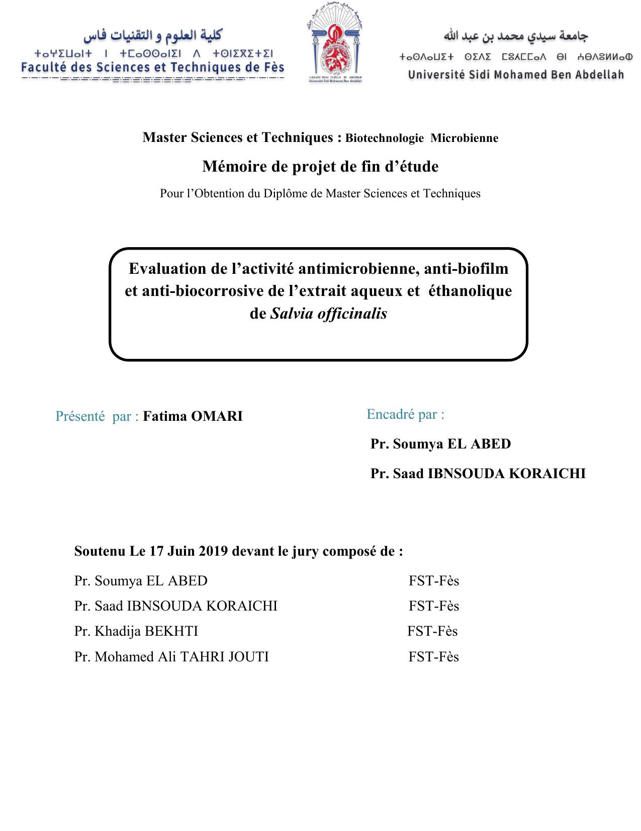 Evaluation de l’activité antimicrobienne, anti-biofilm et anti-biocorrosive de l’extrait aqueux et éthanolique de Salvia officinalis