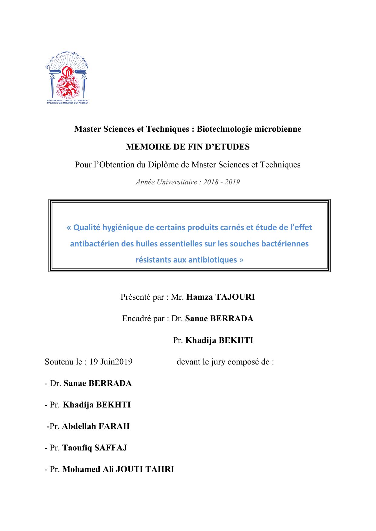 Qualité hygiénique de certains produits carnés et étude de l’effet antibactérien des huiles essentielles sur les souches bactériennes résistants aux antibiotiques