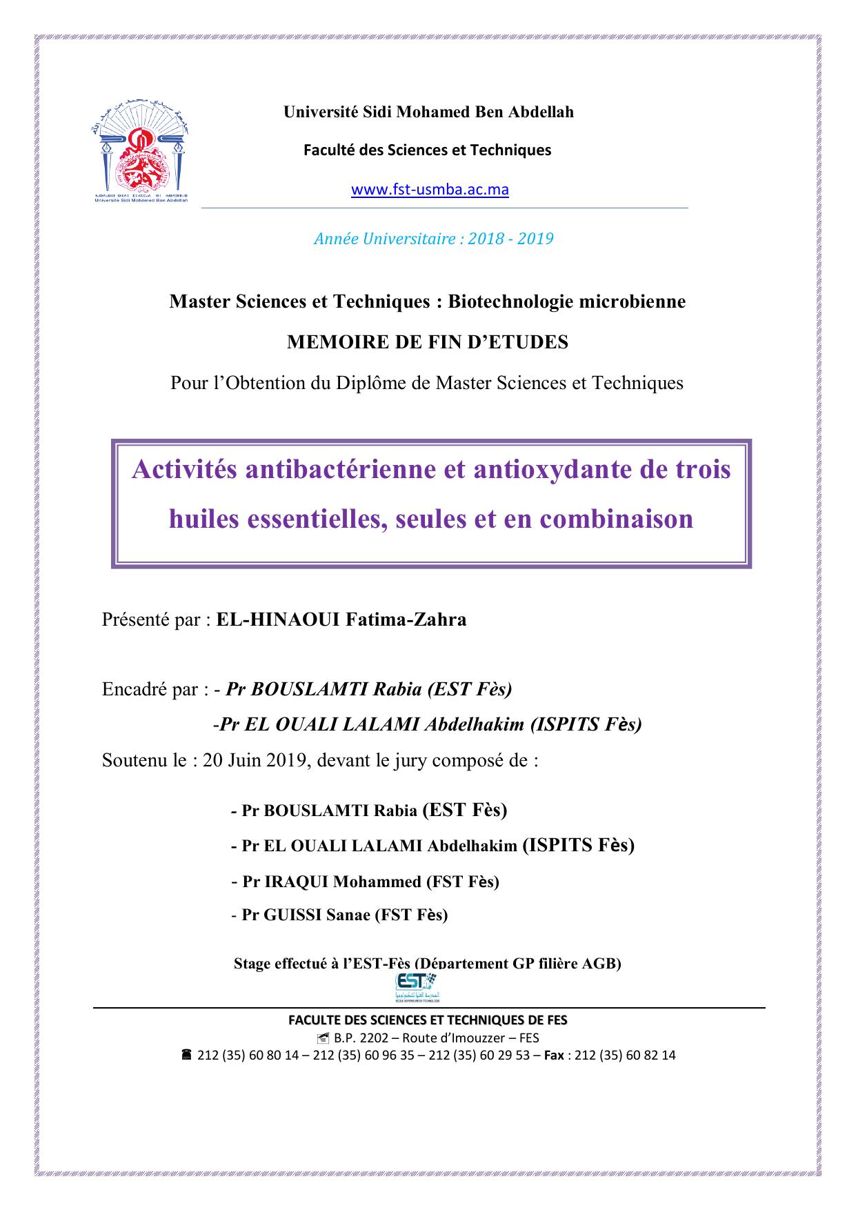 Activités antibactérienne et antioxydante de trois huiles essentielles, seules et en combinaison