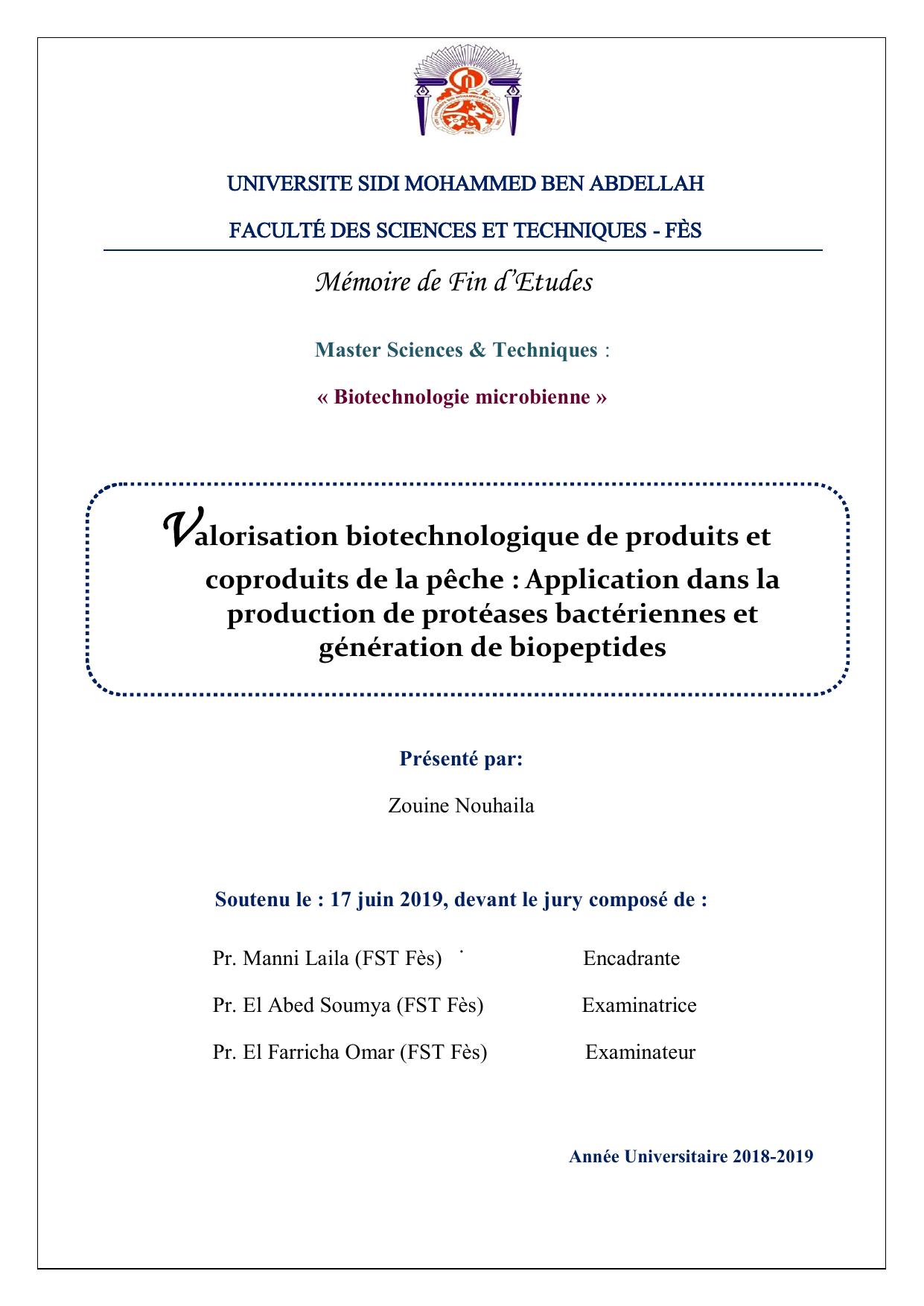Valorisation biotechnologique de produits et coproduits de la pêche : Application dans la production de protéases bactériennes et génération de biopeptides