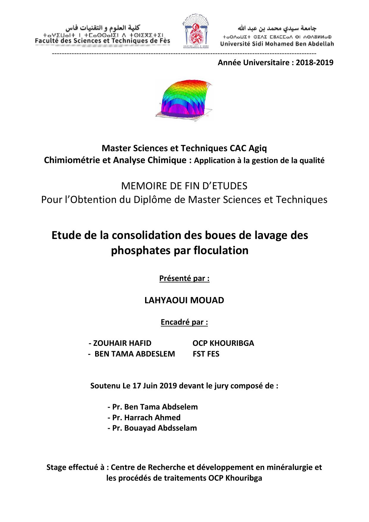 Etude de la consolidation des boues de lavage des phosphates par floculation