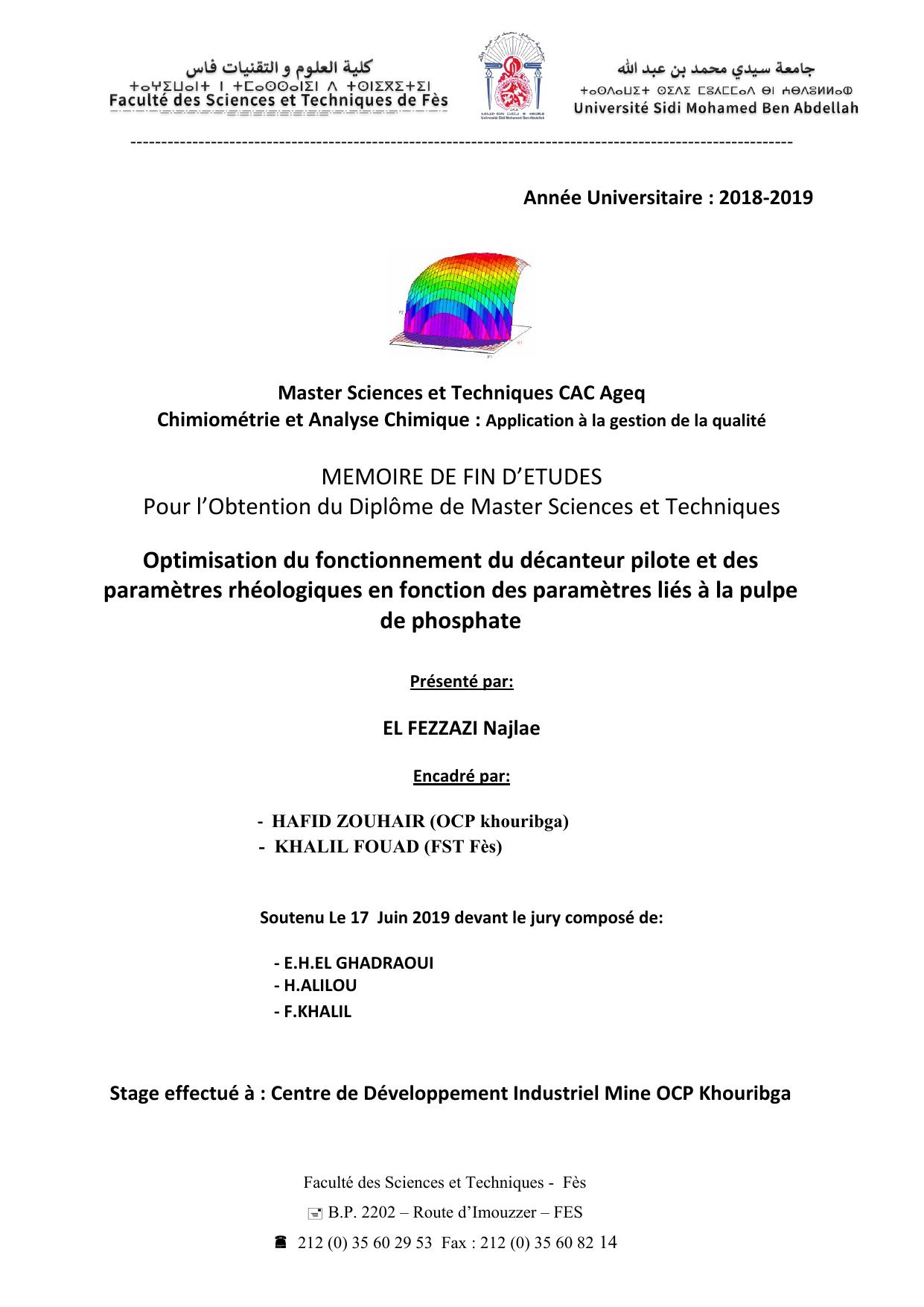 Optimisation du fonctionnement du décanteur pilote et des paramètres rhéologiques en fonction des paramètres liés à la pulpe de phosphate