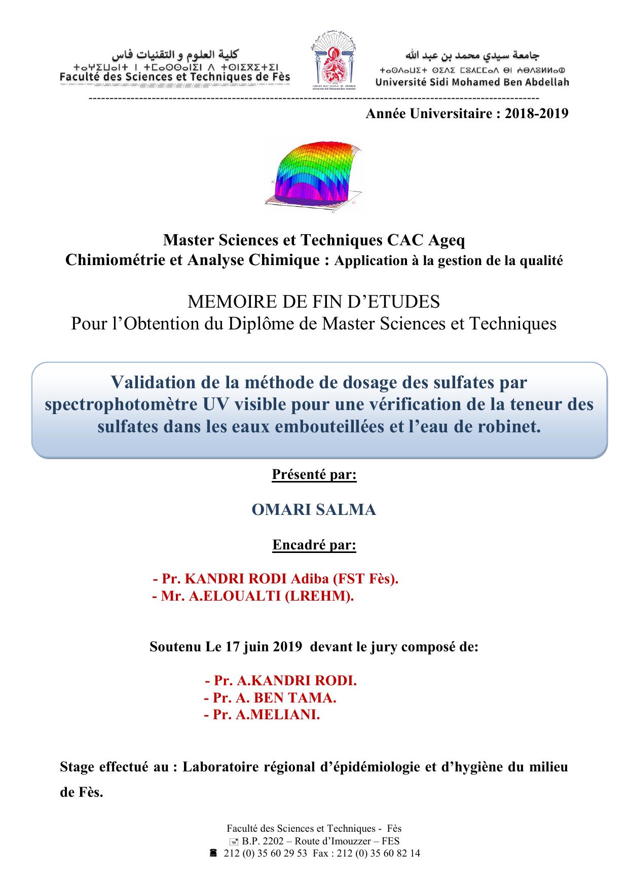 Validation de la méthode de dosage des sulfates par spectrophotomètre UV visible pour une vérification de la teneur des sulfates dans les eaux embouteillées et l’eau de robinet.