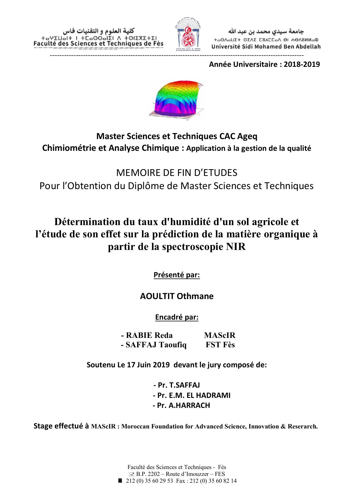 Détermination du taux d'humidité d'un sol agricole et l’étude de son effet sur la prédiction de la matière organique à partir de la spectroscopie NIR