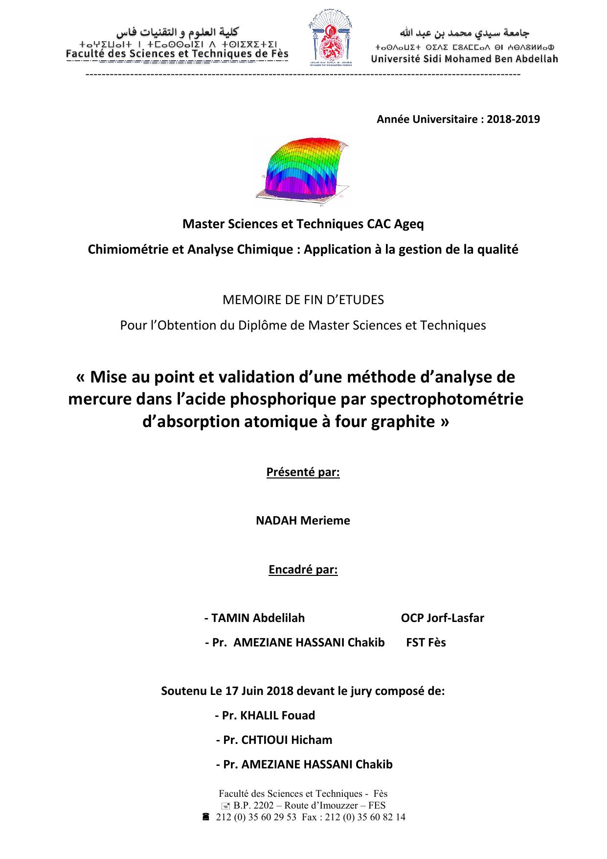 Mise au point et validation d’une méthode d’analyse de mercure dans l’acide phosphorique par spectrophotométrie d’absorption atomique à four graphite