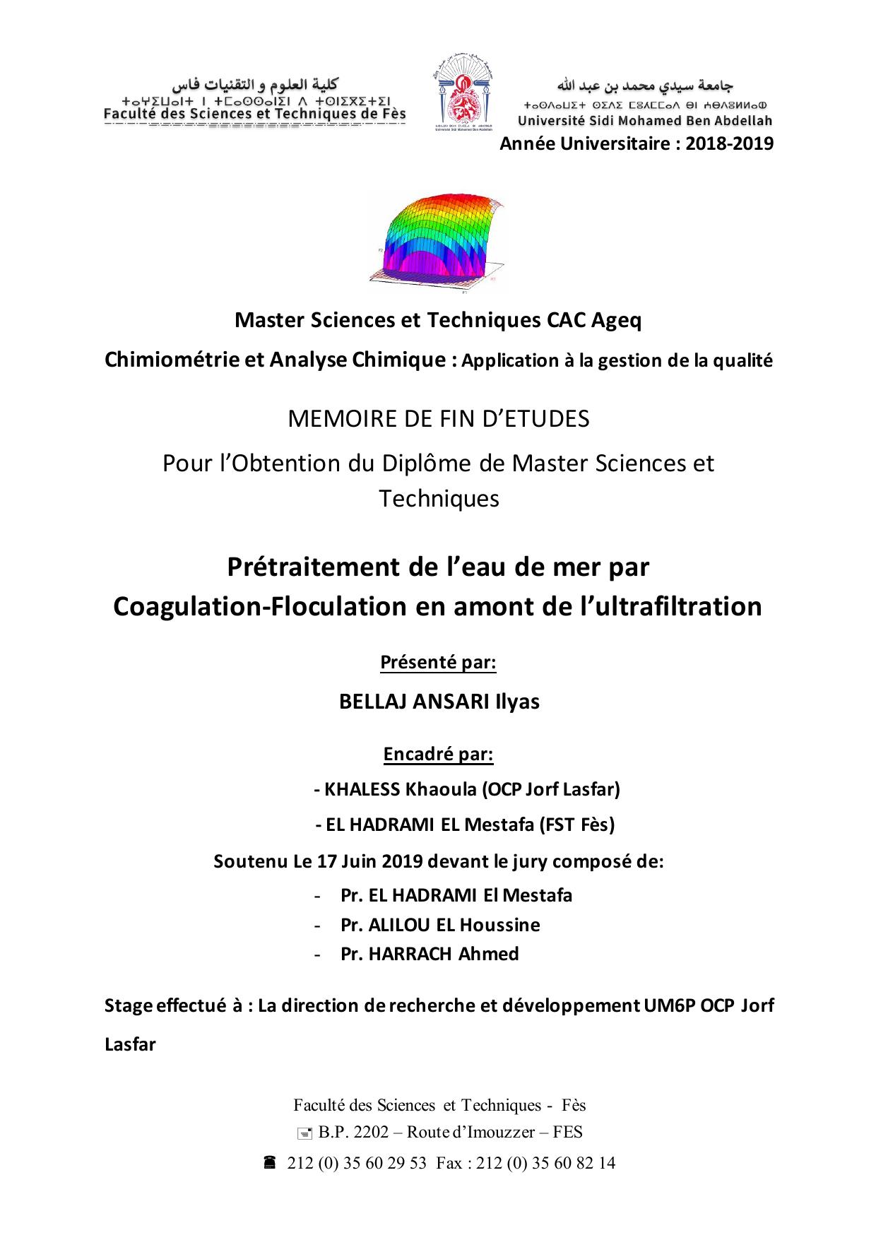 Prétraitement de l’eau de mer par Coagulation-Floculation en amont de l’ultrafiltration