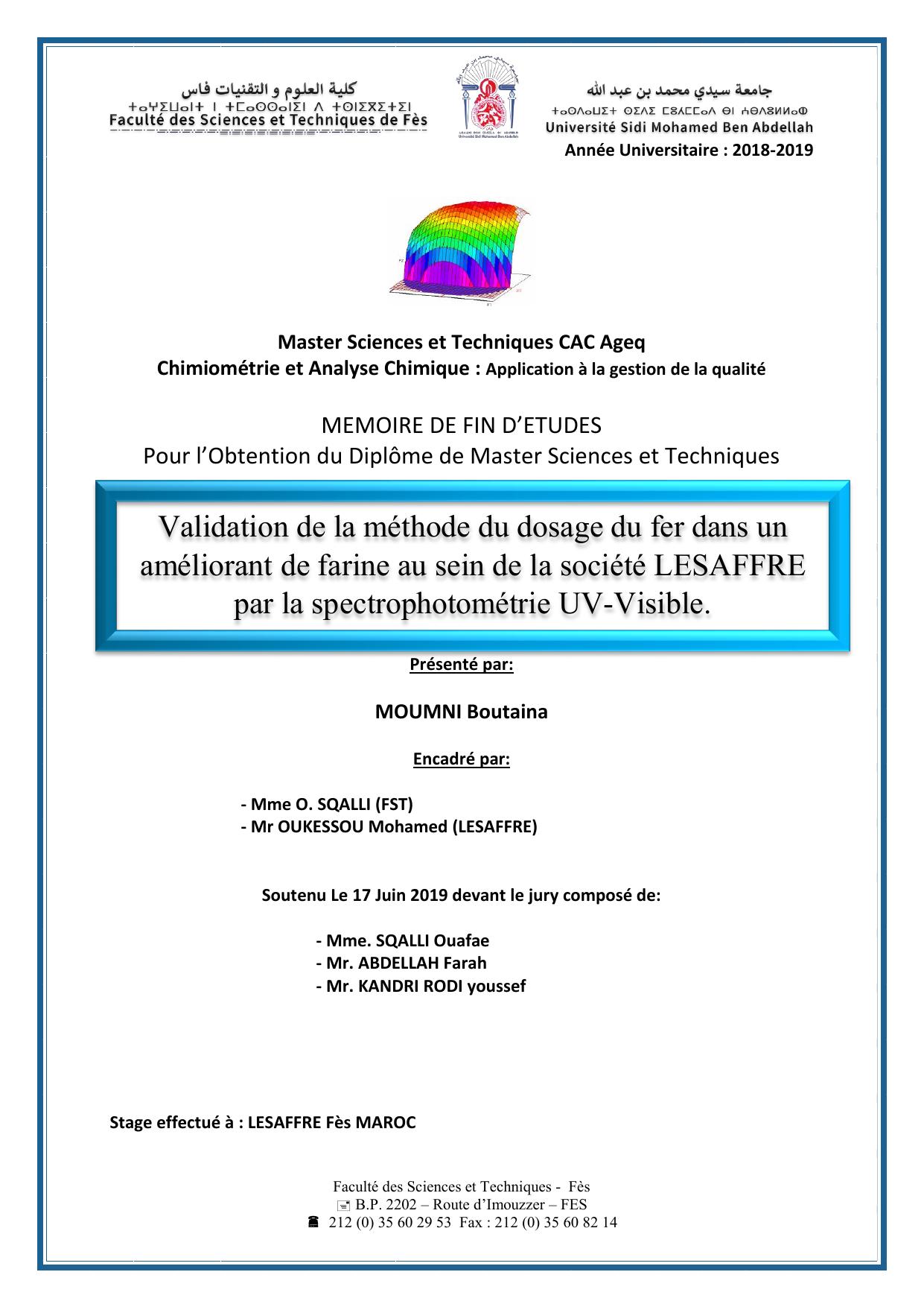 Validation de la méthode du dosage du fer dans un améliorant de farine au sein de la société LESAFFRE par la spectrophotométrie UV-Visible