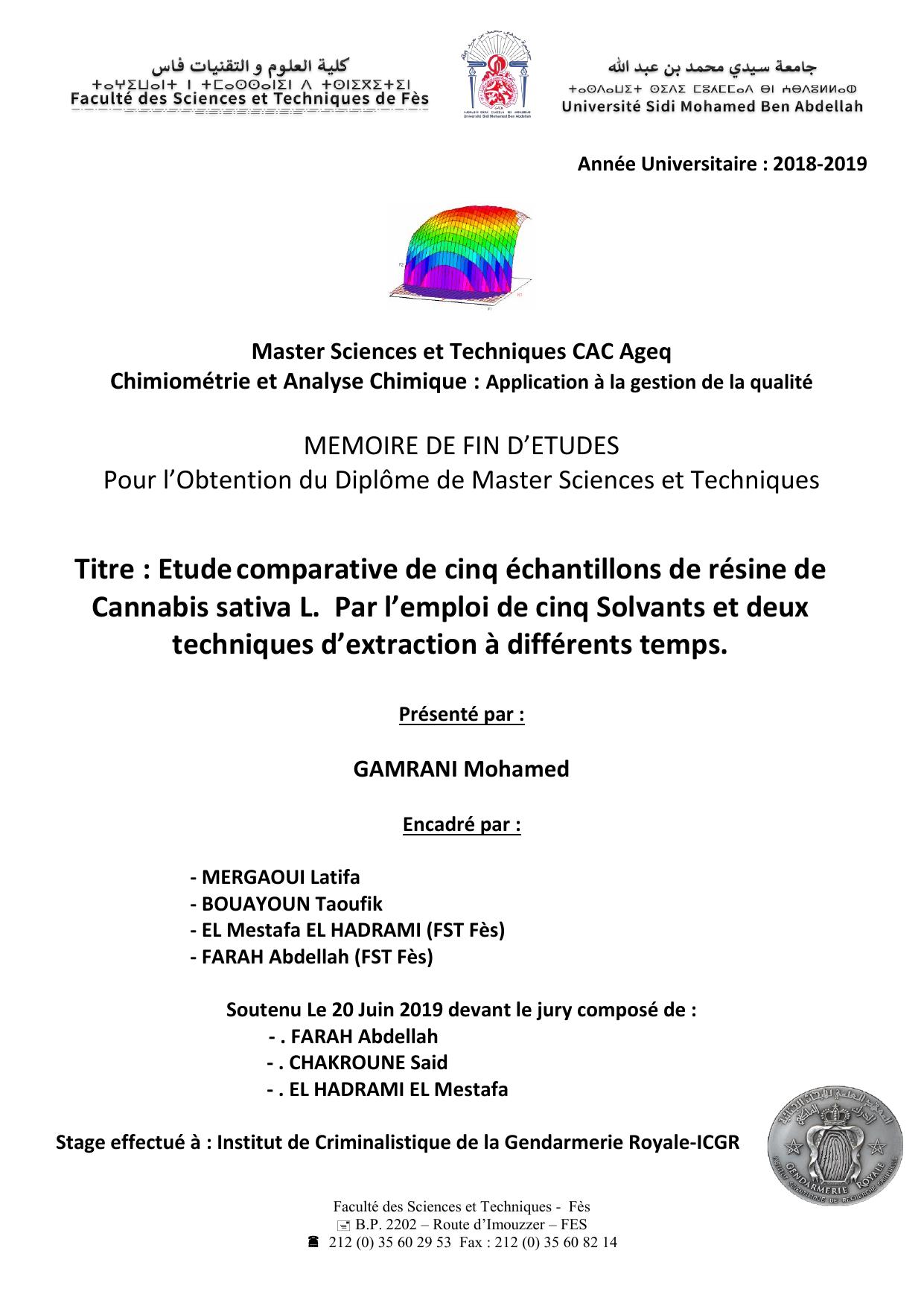 Etude comparative de cinq échantillons de résine de Cannabis sativa L. Par l’emploi de cinq Solvants et deux techniques d’extraction à différents temps