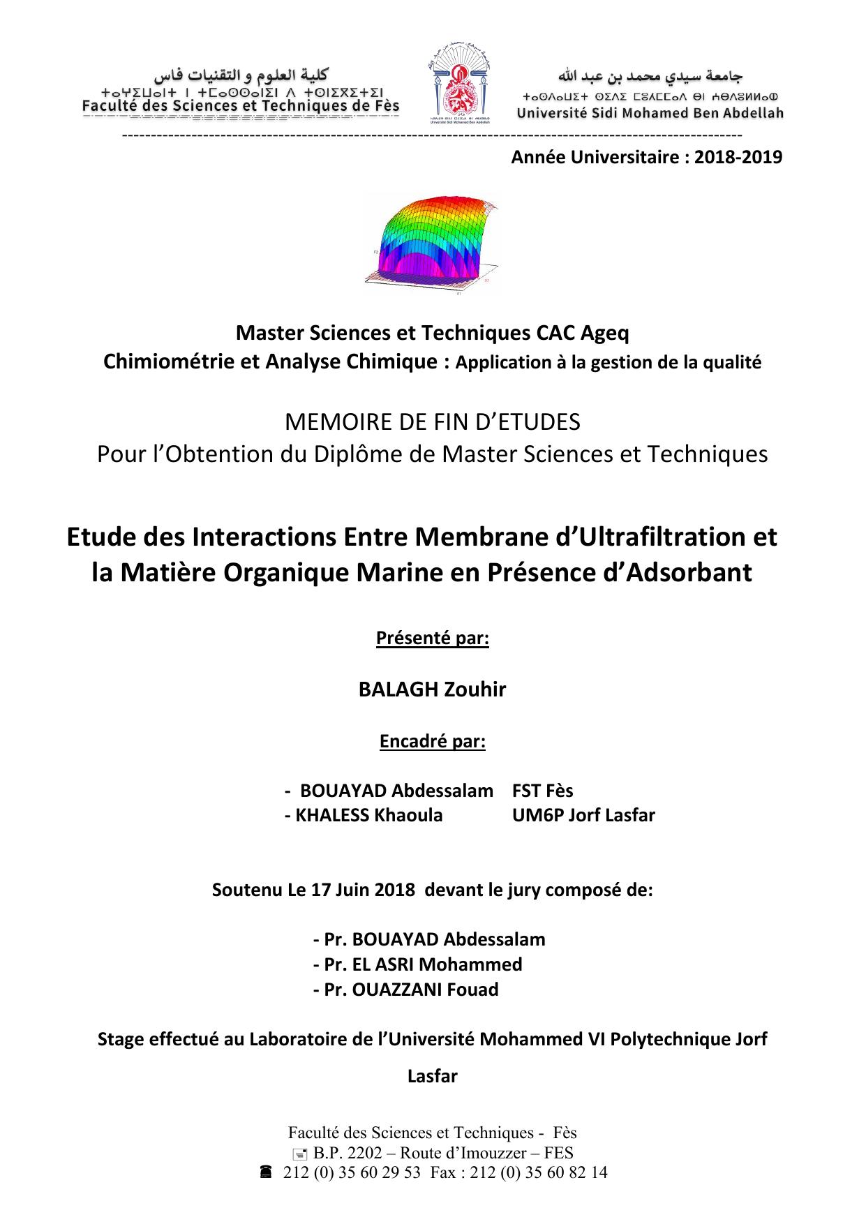 Etude des Interactions Entre Membrane d’Ultrafiltration et la Matière Organique Marine en Présence d’Adsorbant