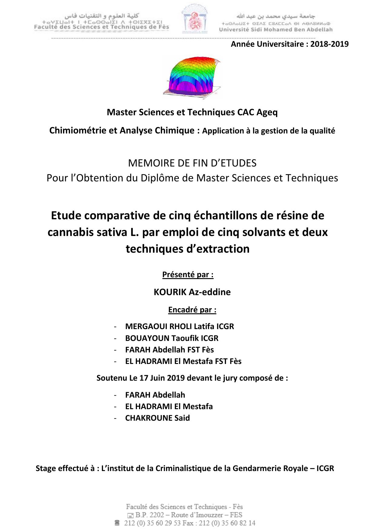 Etude comparative de cinq échantillons de résine de cannabis sativa L. par emploi de cinq solvants et deux techniques d’extraction